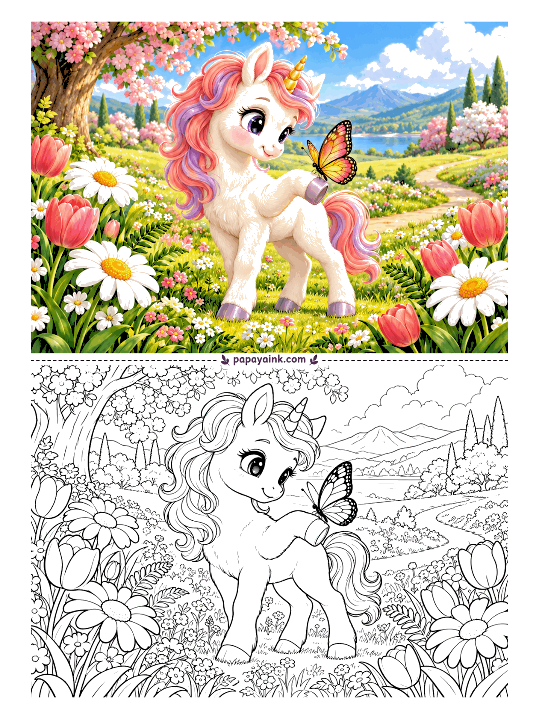 Baby Unicorn Coloring Pages - Nobody move: a butterfly has landed on one raised front hoof, and the baby unicorn is holding perfectly still. Tulips and oversized daisies crowd the meadow, a lake shining far off. Lots of small blossoms - a page for sharp pencils and a slow evening.