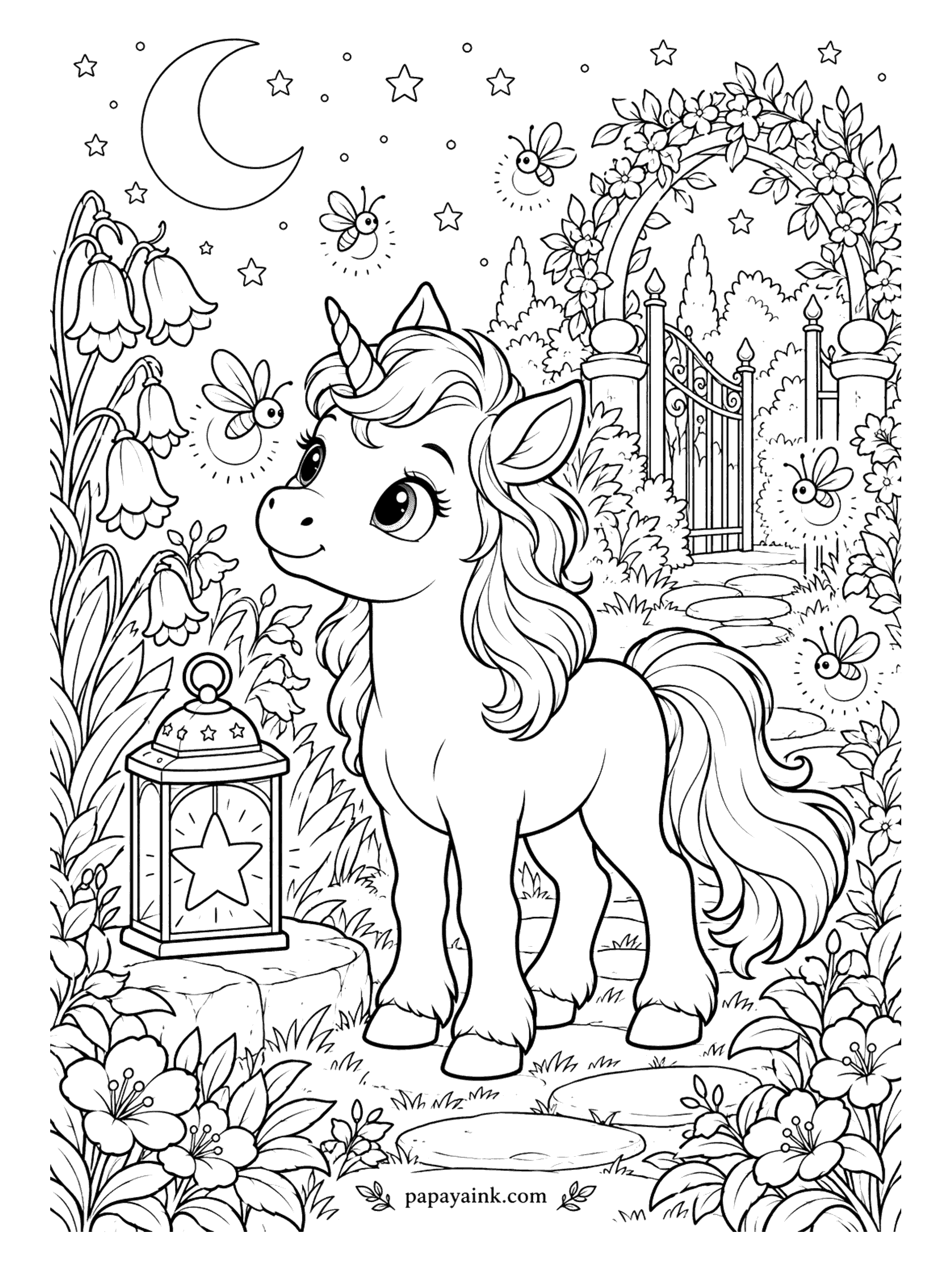 Baby Unicorn Coloring Pages - Fireflies are out, the star lantern is lit, and the garden gate stands open to the night. One firefly comes close, and the baby unicorn watches it with complete trust. Put a yellow halo around each firefly and keep the sky deep blue.