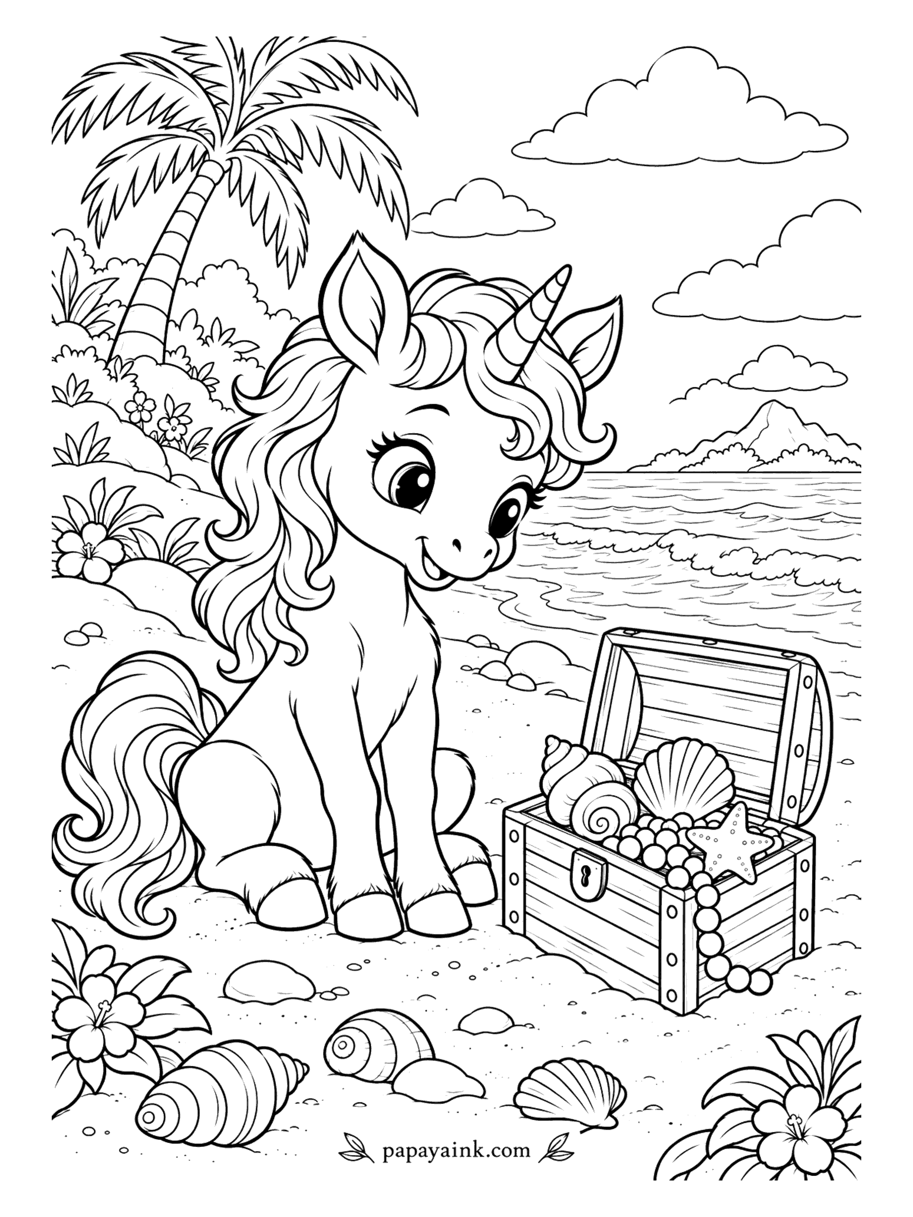 Baby Unicorn Coloring Pages - Treasure, as it turns out, means shells, a starfish and a string of pearls - honestly the best kind. The baby unicorn sits by the open chest under a palm tree, very proud of the find. Wide sand and sky make it quick to color.