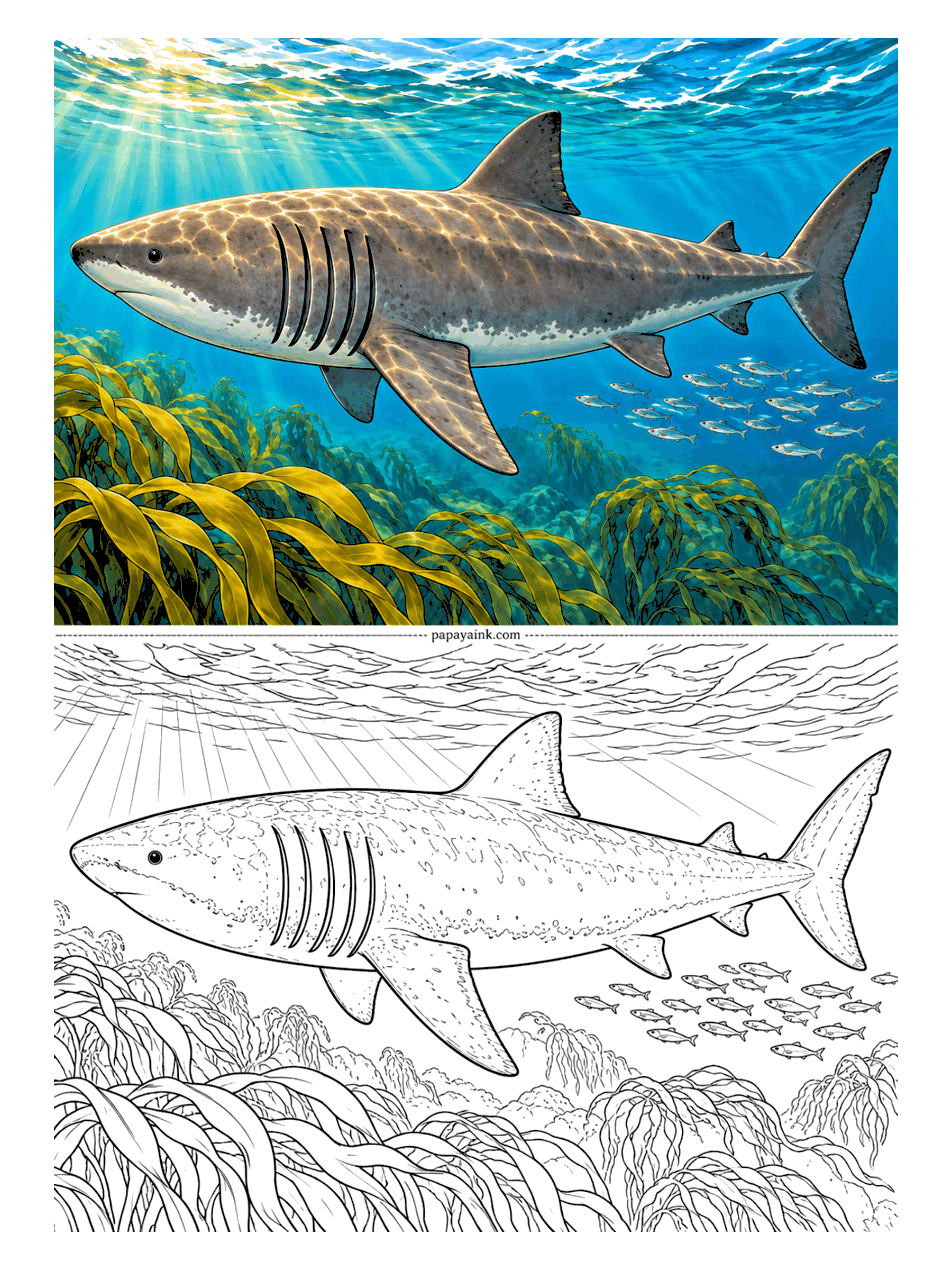 Shark Coloring Pages - Second-largest fish in the world, and as gentle as they come. The basking shark cruises slowly with its mouth wide open, filtering plankton through those long gill slits. Big, open shapes - an easier page despite the size of the animal.