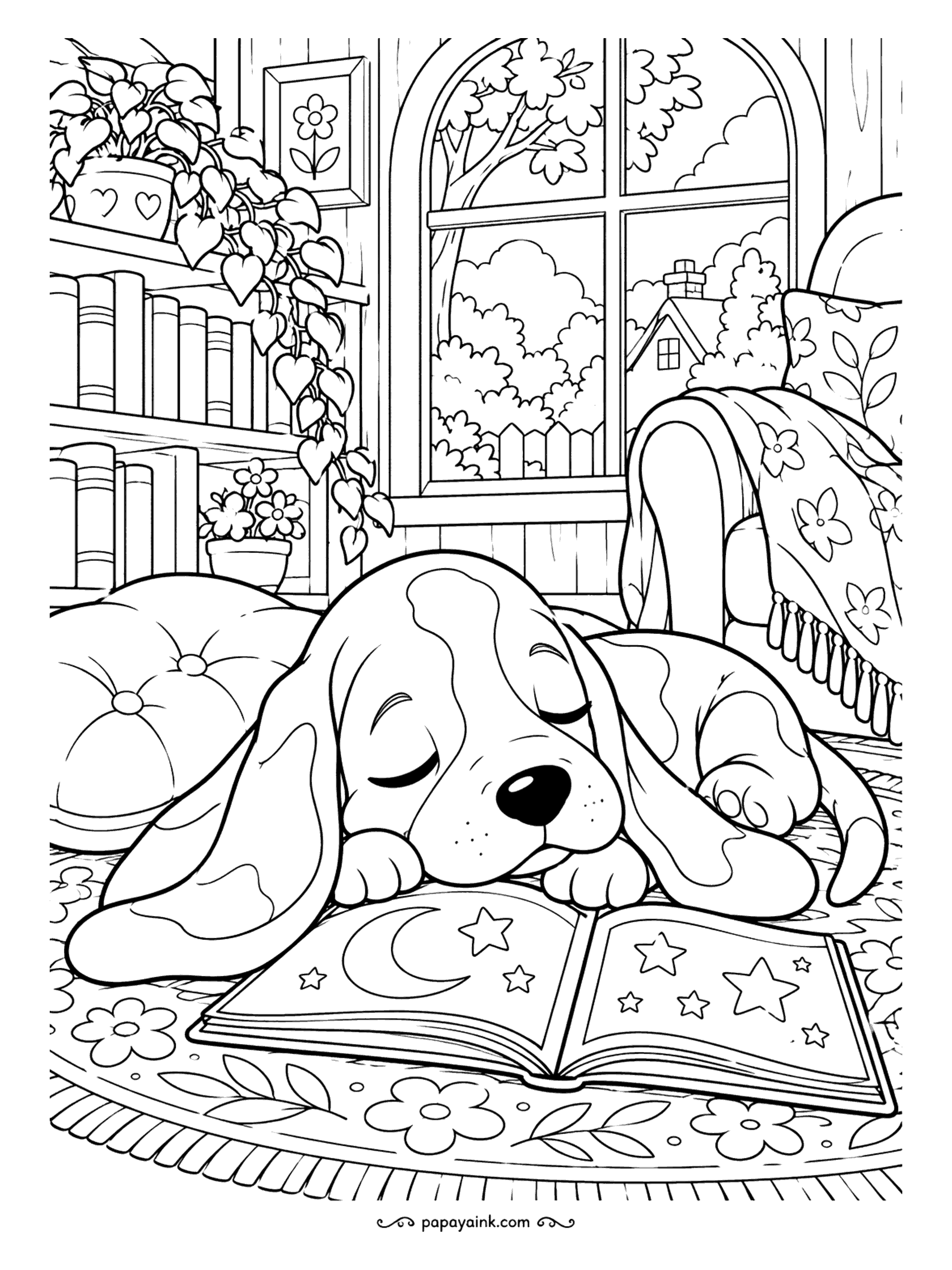 Puppy Coloring Pages - Out cold on the bedtime book. A basset hound puppy sleeps with its cheek on the open pages, ears pooled on the rug, a plump cushion and an ivy-draped window behind. Soft, warm colors and a dark night sky through the glass.