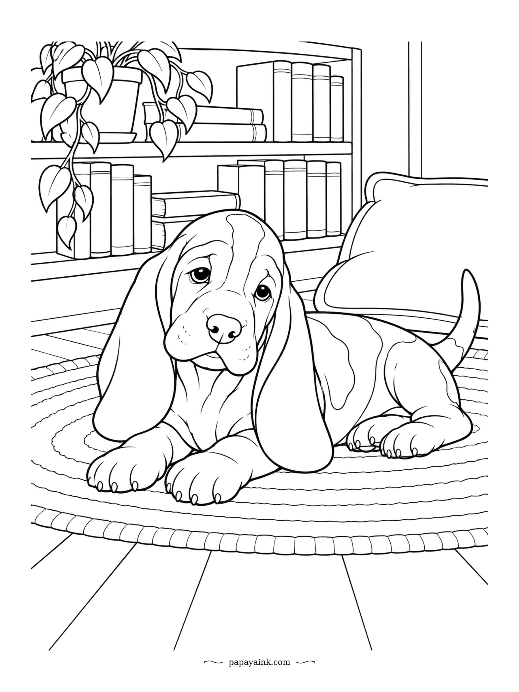 Puppy Coloring Pages - Those ears are already longer than they need to be, and the basset still has years of growing ahead. For now it lies on the braided rug by the bookshelf with the saddest eyes in the house. A trailing pothos drapes over the shelf above.