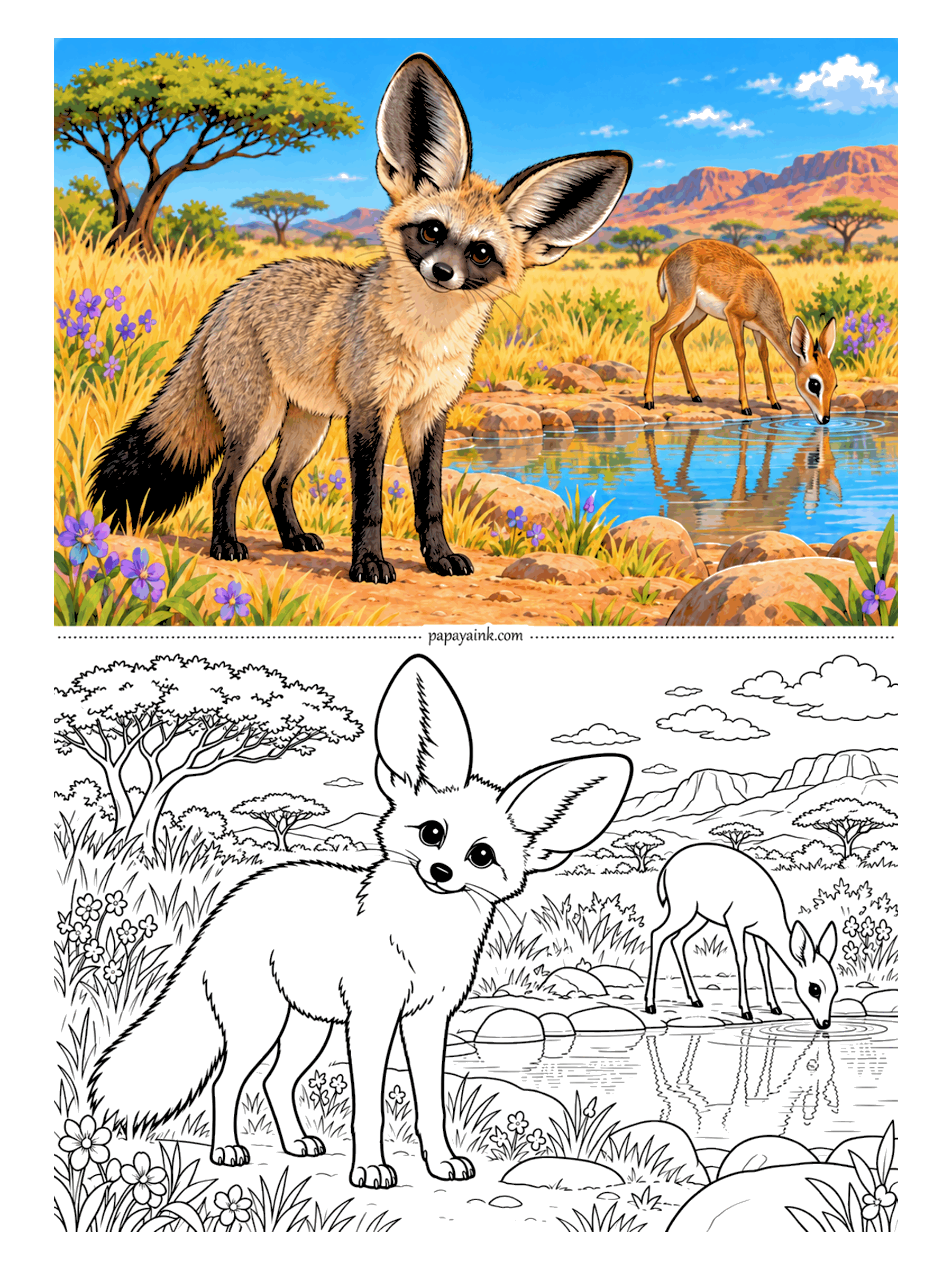 Fox Coloring Pages - Meet the bat-eared fox of the African savanna: black mask, black legs, and ears tuned to hear termites moving underground. Behind it, a dik-dik bends down to drink. Acacias and rocks keep the background calm and simple.