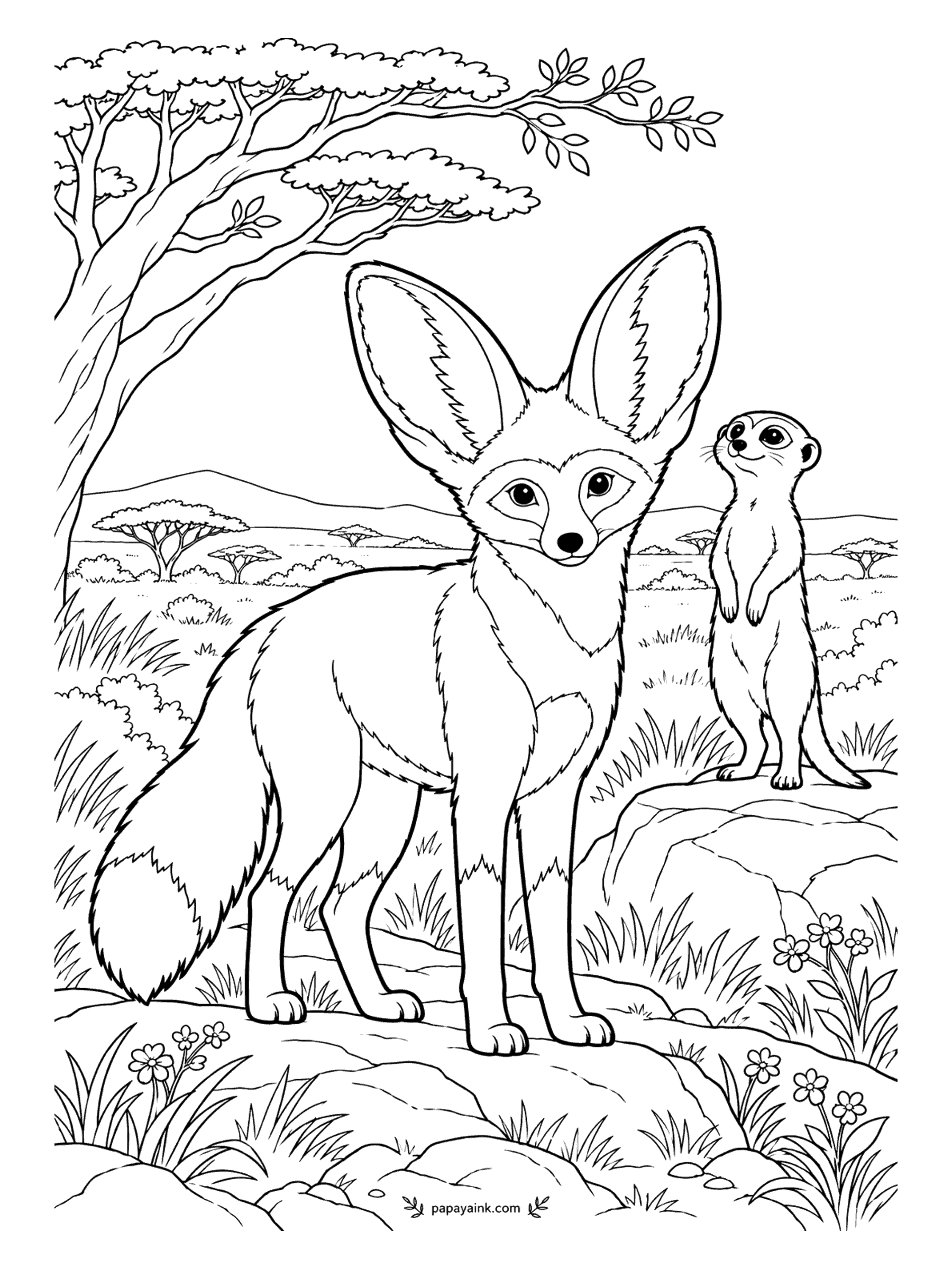 Fox Coloring Pages - Two professional lookouts, one savanna. The meerkat stretches as tall as it can on its rock, and the bat-eared fox simply turns those enormous ears toward the grass. Acacias on the horizon, wildflowers up front.