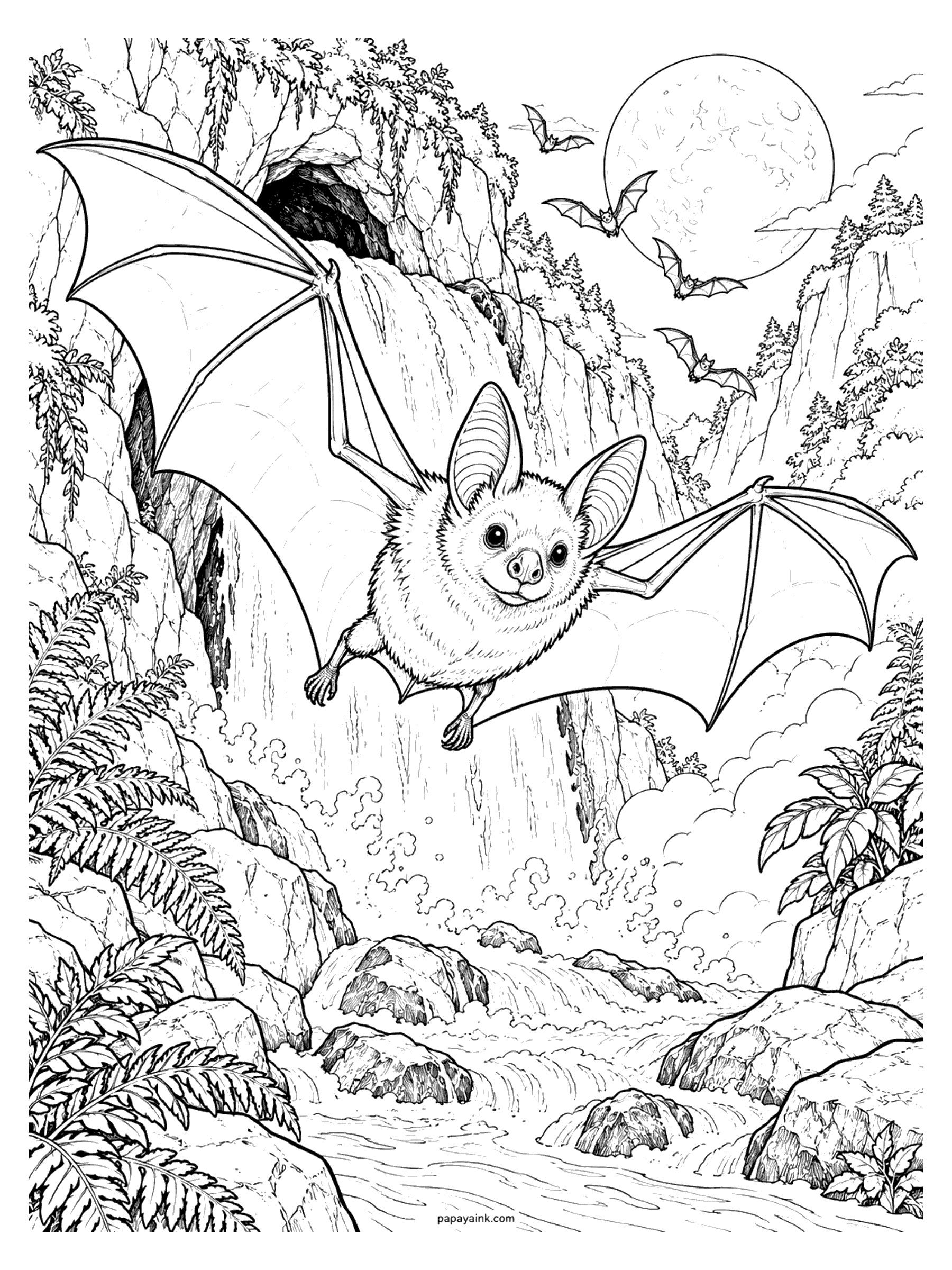 Bat Coloring Pages - Realistic bat with wide open wings flying out of a cave behind a waterfall, with ferns, river rocks, and more bats crossing the full moon. Detailed.