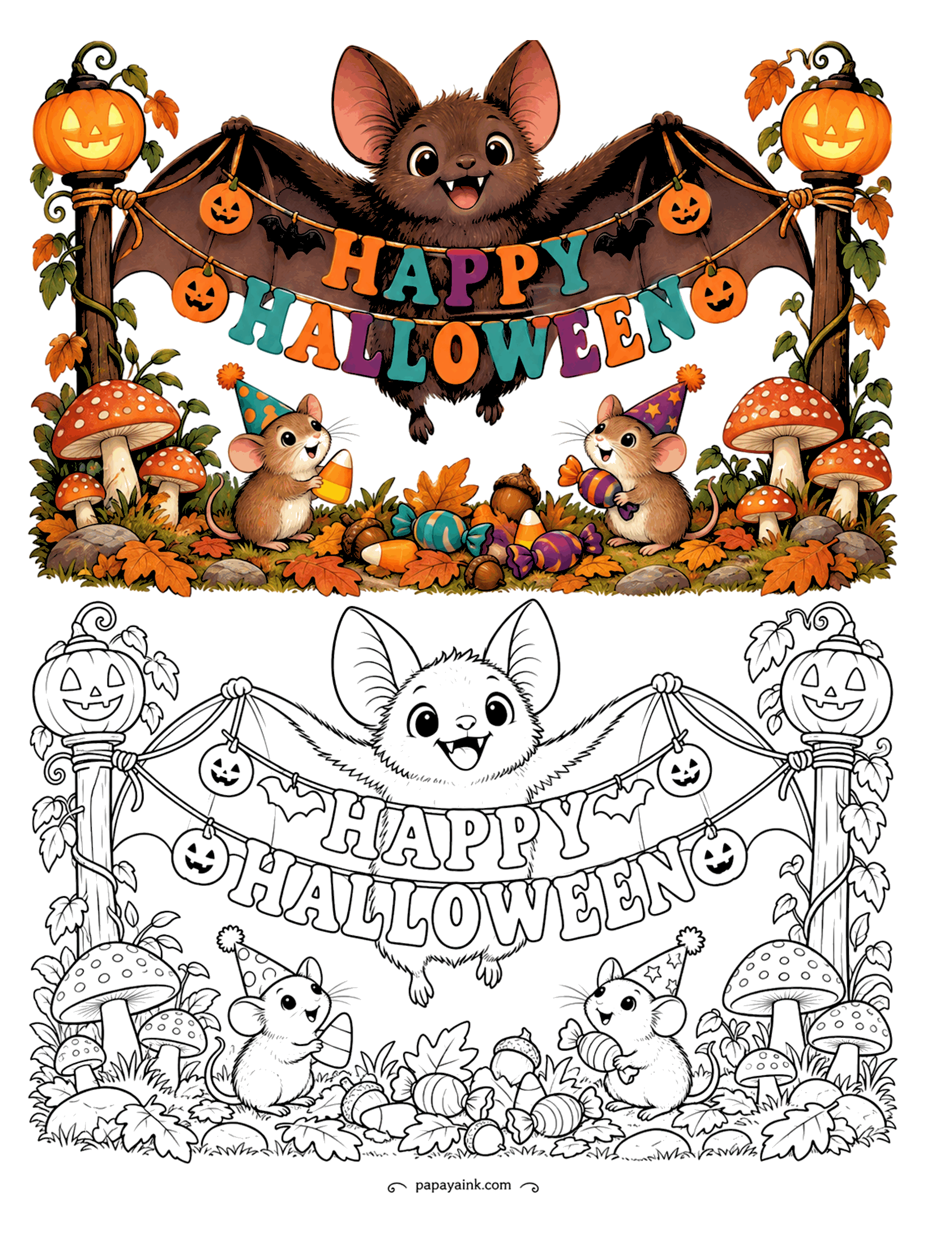 Halloween Coloring Pages - A big-eared bat spreads its wings behind a pumpkin garland while two mice in party hats snack on candy corn among toadstools.