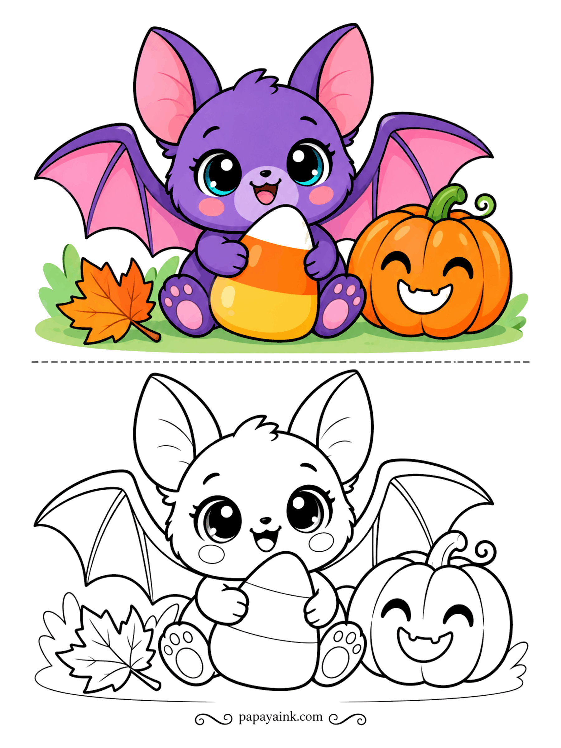Easy Cute Halloween Coloring Pages - Wings spread wide, a violet bat sits on the grass clutching a candy corn, with a jack-o-lantern and a fallen leaf beside it. The pink wing membranes are large flat shapes - perfect for a first marker sheet.