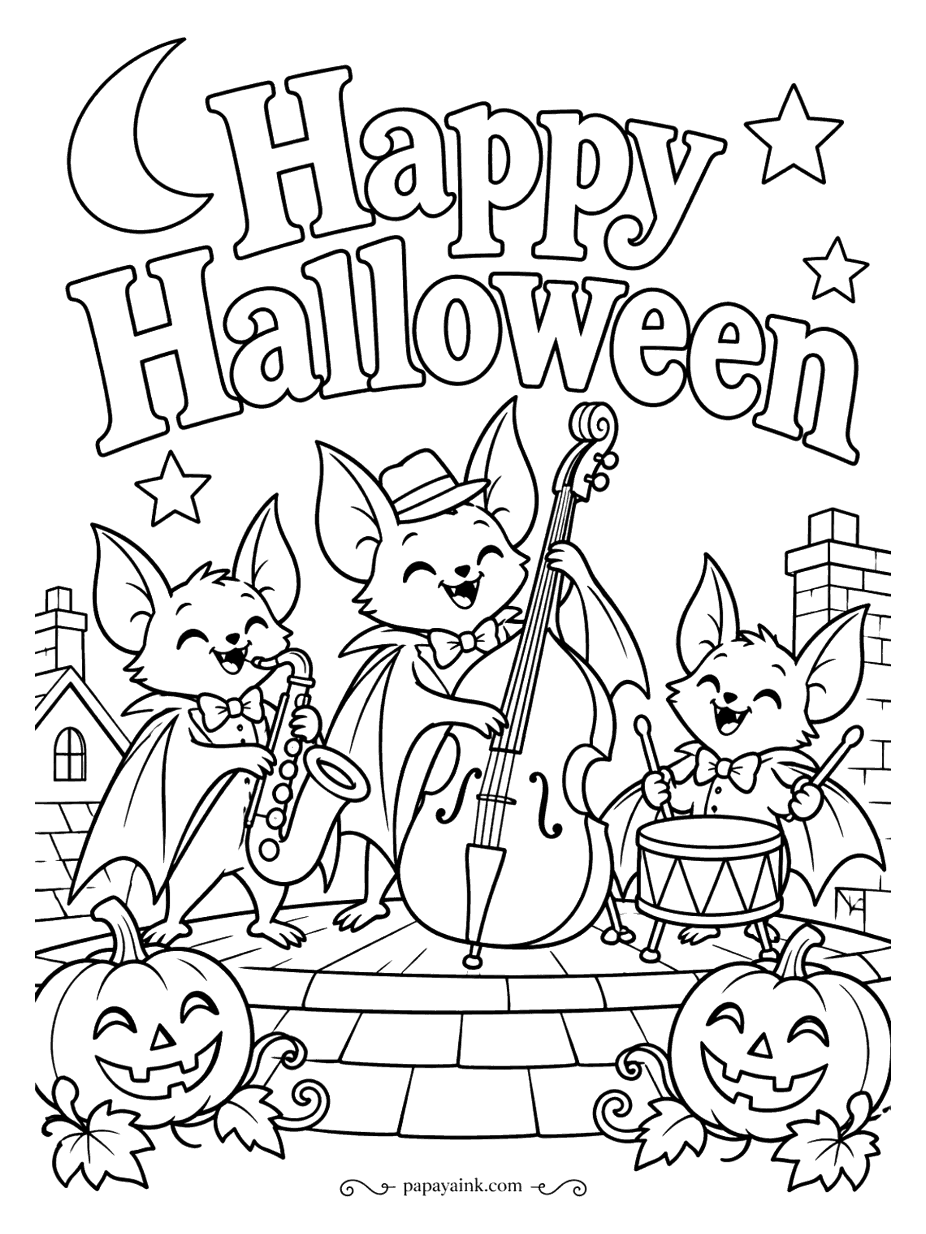 Halloween Coloring Pages - Rooftop jazz: three bats on saxophone, upright bass and drums, with a crescent moon above and two pumpkins in the front row. Go dark on the sky and let the bats' wings stay a lighter gray.
