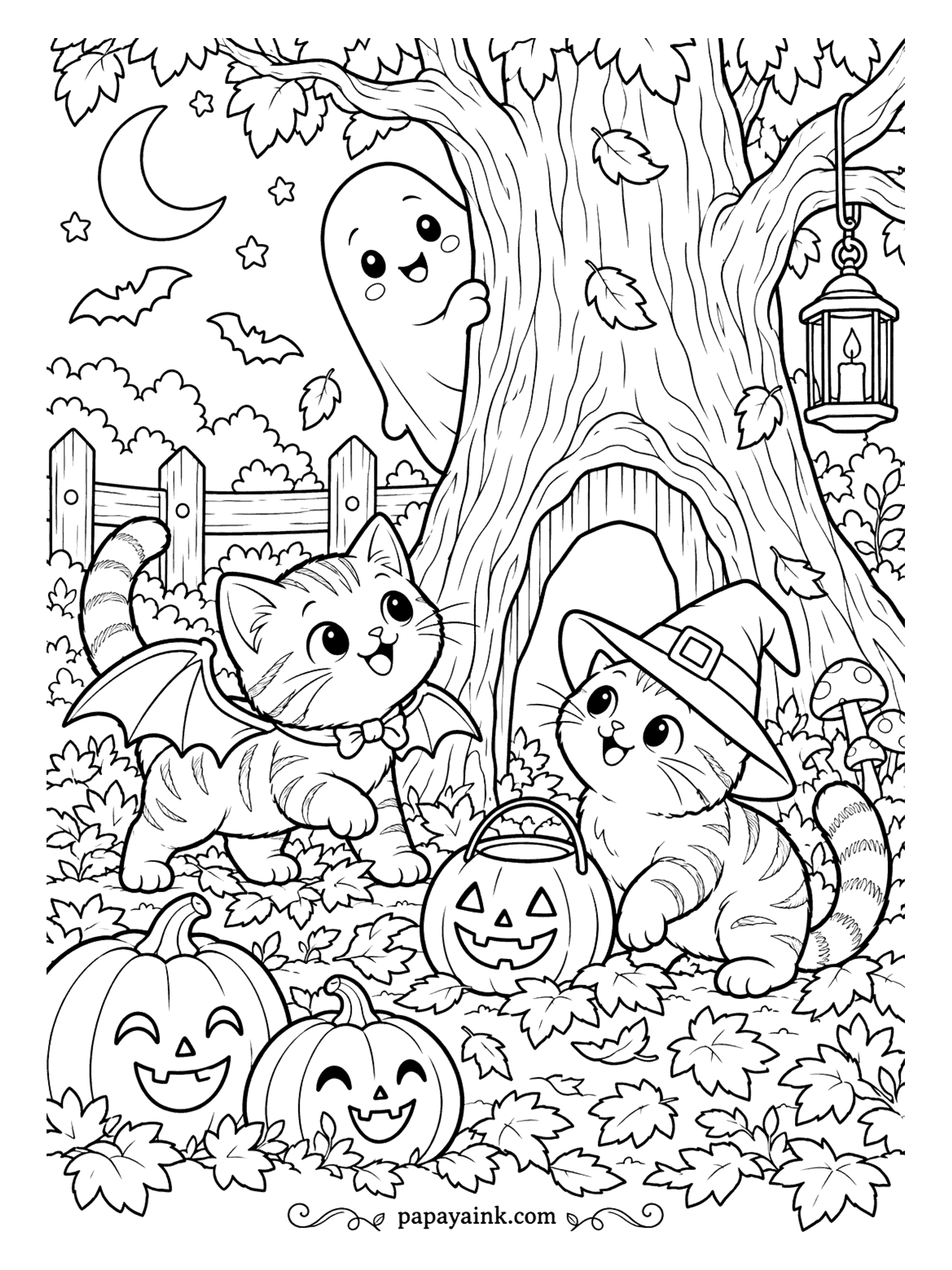 Halloween Cat Coloring Pages - Under the hollow oak, a bat kitten and a witch kitten compare candy buckets while a ghost peeks around the trunk under a crescent moon. Lantern on the branch, mushrooms by the little door. Detailed - a full carpet of leaves.
