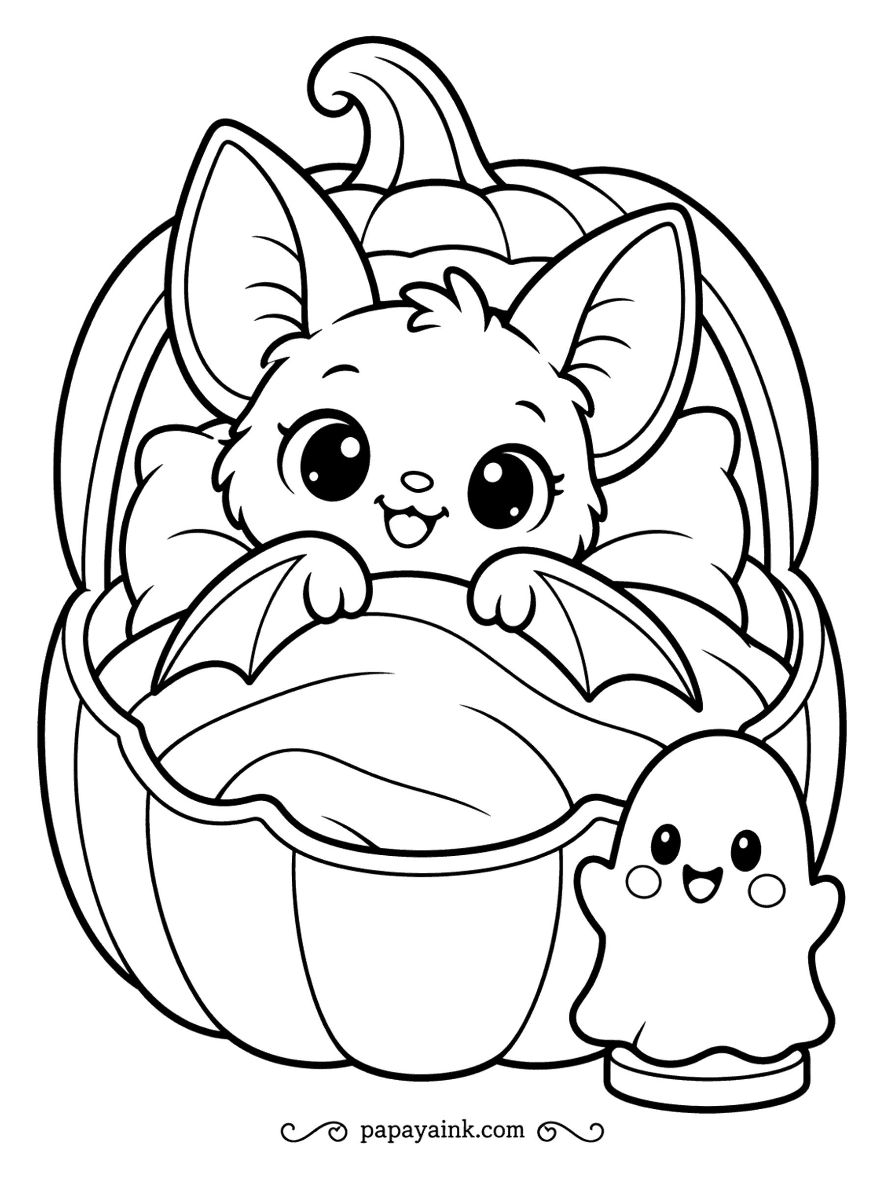 Easy Cute Halloween Coloring Pages - Tucked under a blanket inside a pumpkin shell, the baby bat is ready for bed, wings folded over the covers, while a small ghost keeps watch beside it. Keep the blanket soft - a pale color with darker folds.