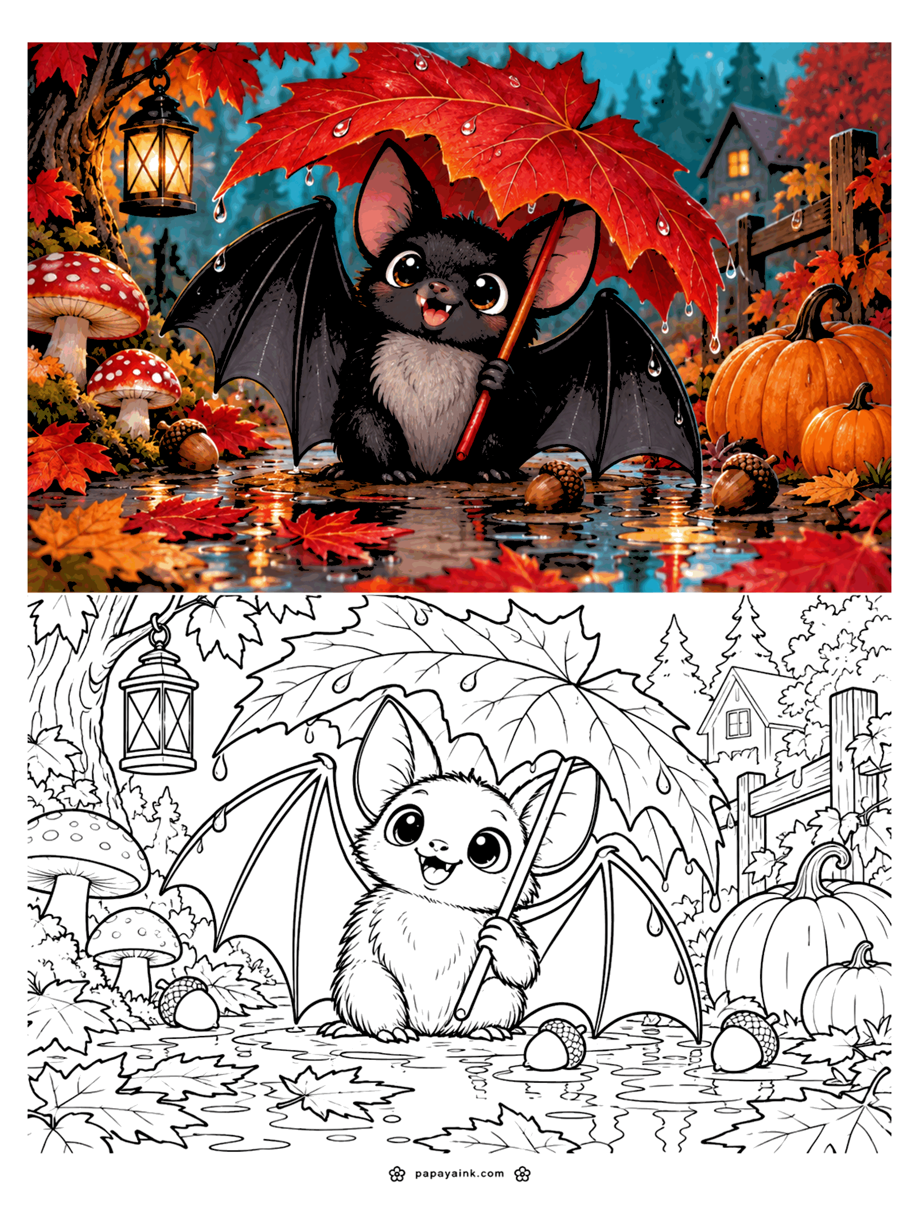 Bat Coloring Pages - Bat holding a giant red maple leaf as an umbrella in the autumn rain, with a lantern, mushrooms, acorns, and pumpkins around a puddle. Detailed.