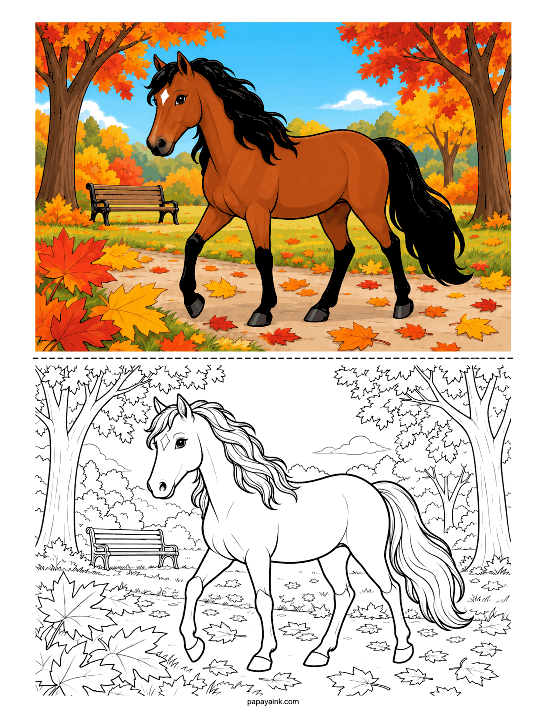 Horse Coloring Pages - Maple leaves everywhere, and a bay horse trotting through them past an empty park bench, black mane and tail flying. Autumn trees fill the frame top to bottom. Red, orange and gold for the leaves; warm brown with black points for the horse - the classic bay.