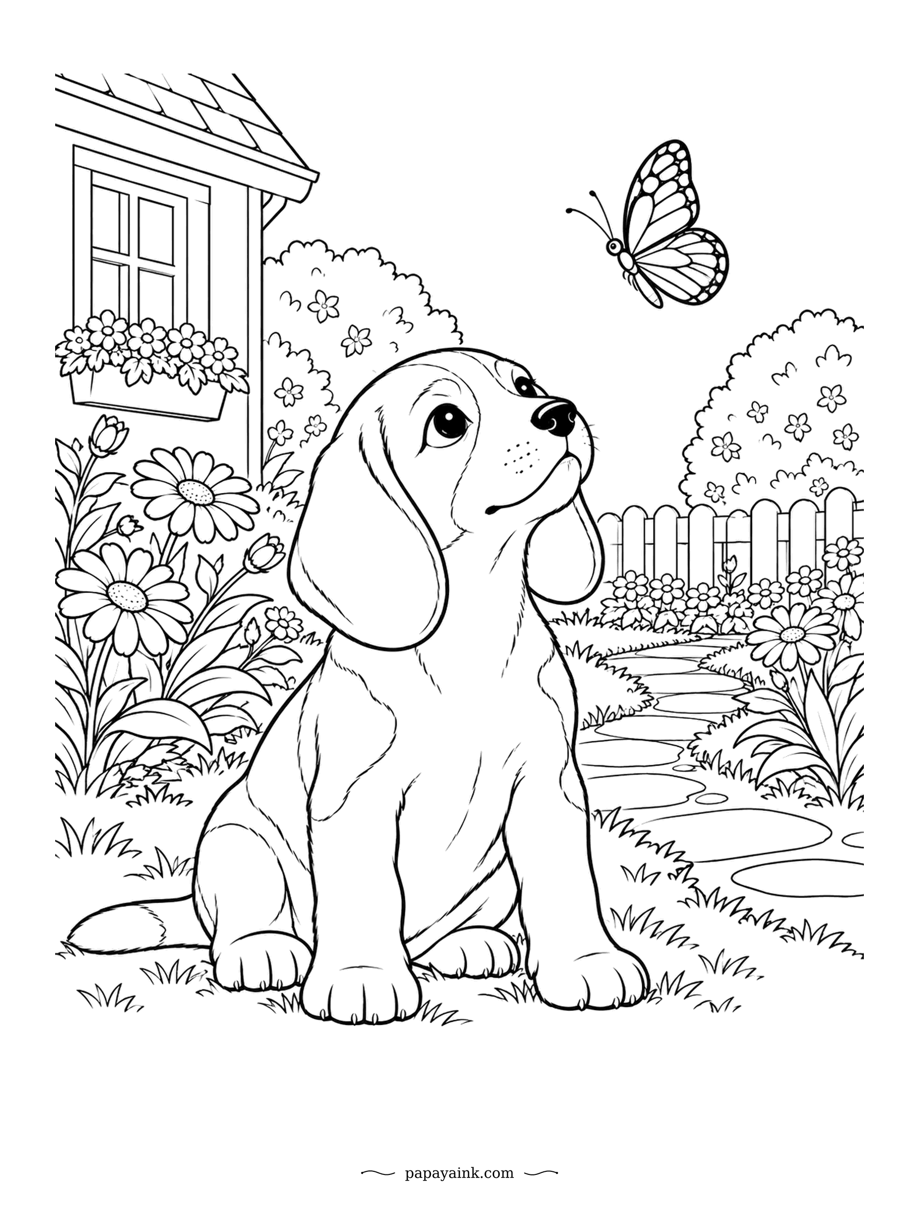 Puppy Coloring Pages - A butterfly drifts past the garden path, and the young beagle sits bolt upright to follow it with both eyes. Daisies crowd the borders and a window box blooms on the cottage. Detailed wings make a good spot for bright color.