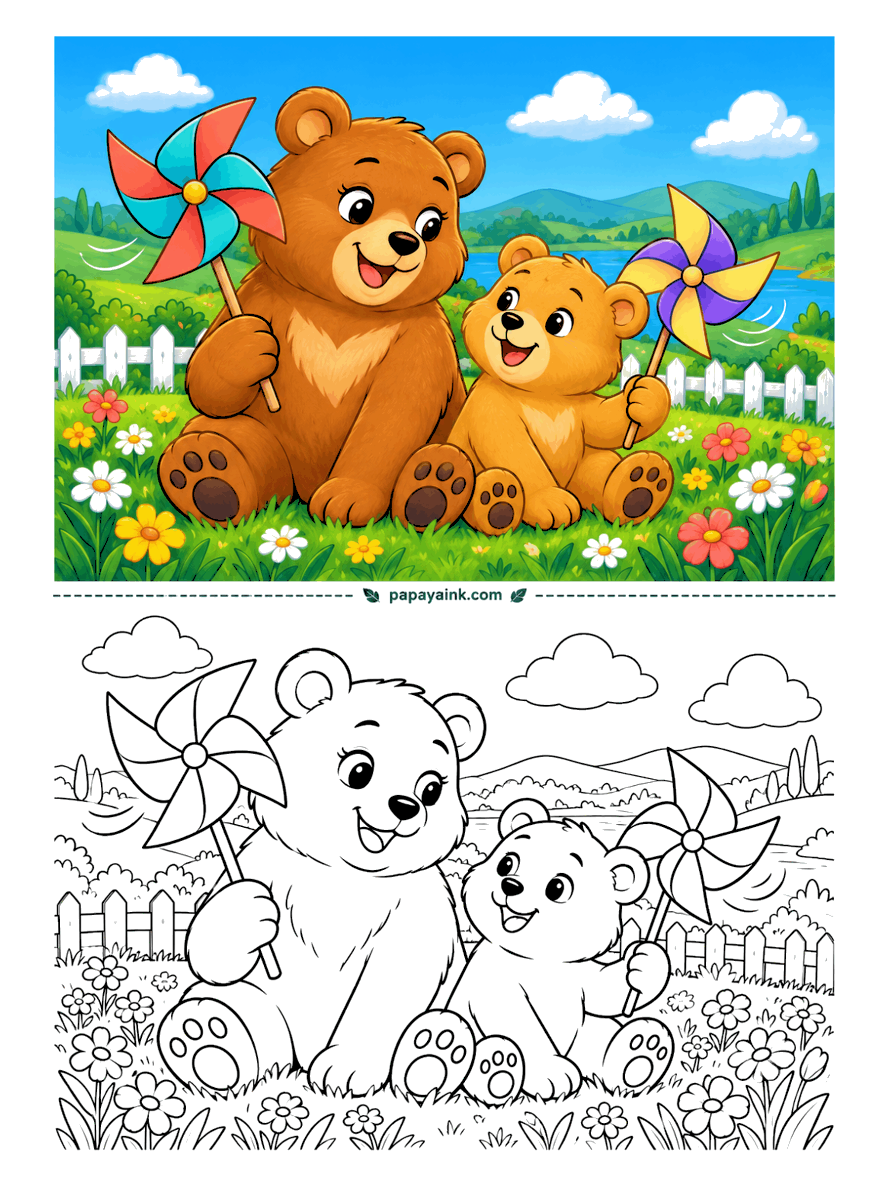 Bear Coloring Pages - Wind is free, and these two are making good use of it. A bear and a cub sit in a flower meadow with a pinwheel each, hills and a lake behind the fence. Pinwheel blades are perfect for alternating two colors.