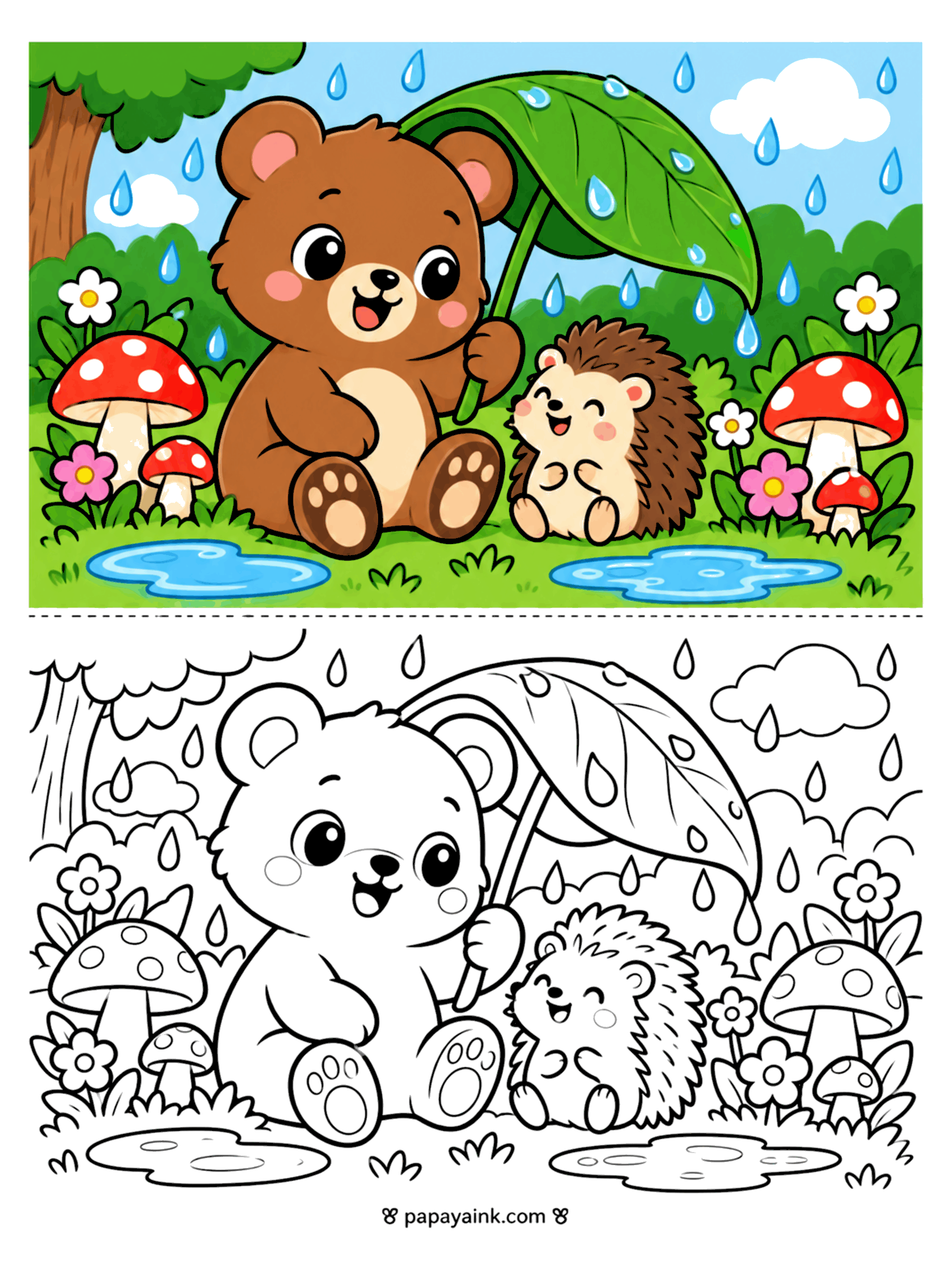 Bear Coloring Pages - A bear holds a big leaf umbrella over a hedgehog in the rain, with toadstools, puddles and flowers all around.