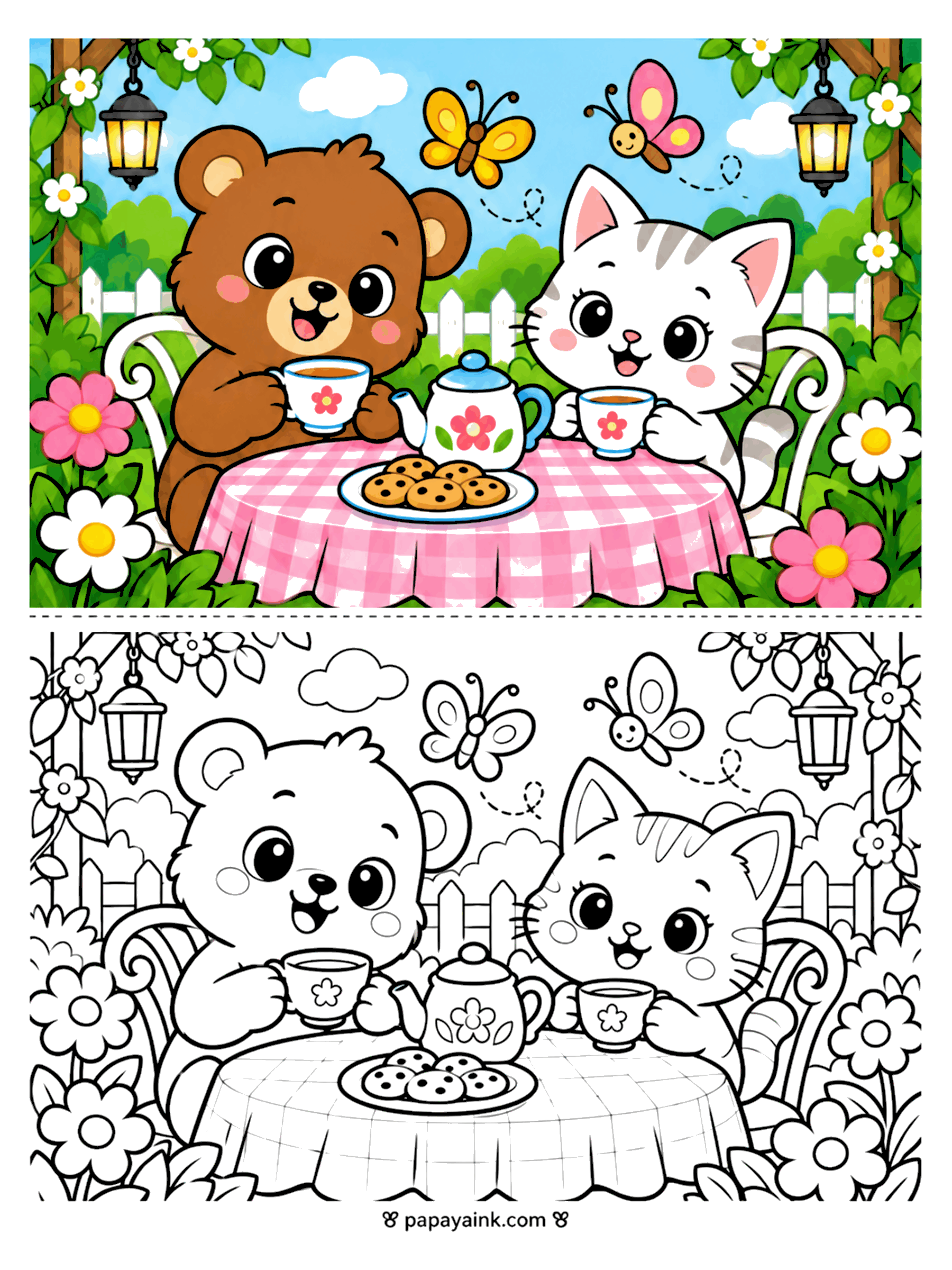 Bear Coloring Pages - A bear and a striped kitten share tea and cookies at a gingham table under garden lanterns and butterflies. Detailed.