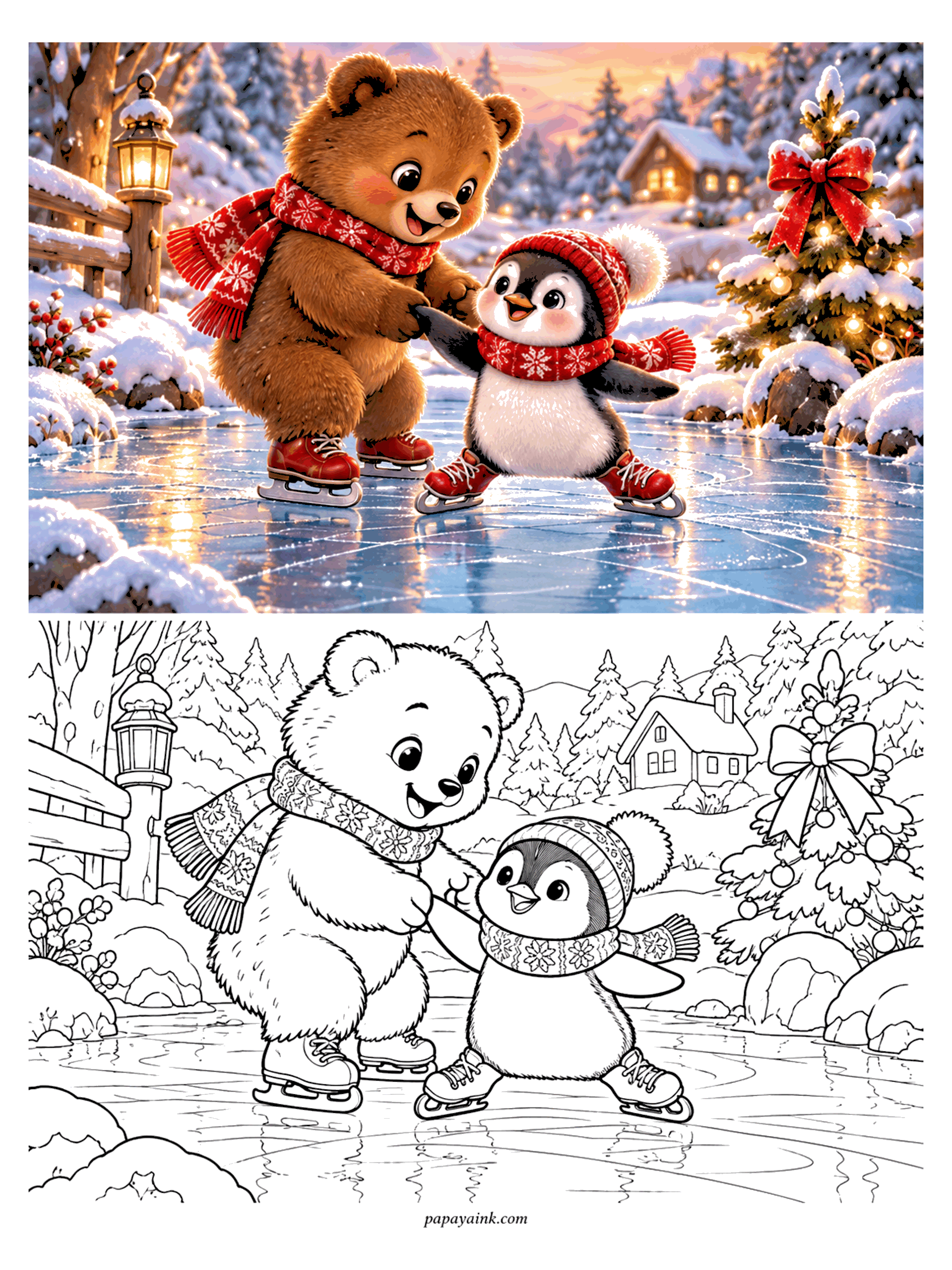 Cute Christmas Coloring Pages - A bear and a penguin in red knitwear hold hands as they ice skate on a frozen pond at sunset. Detailed.