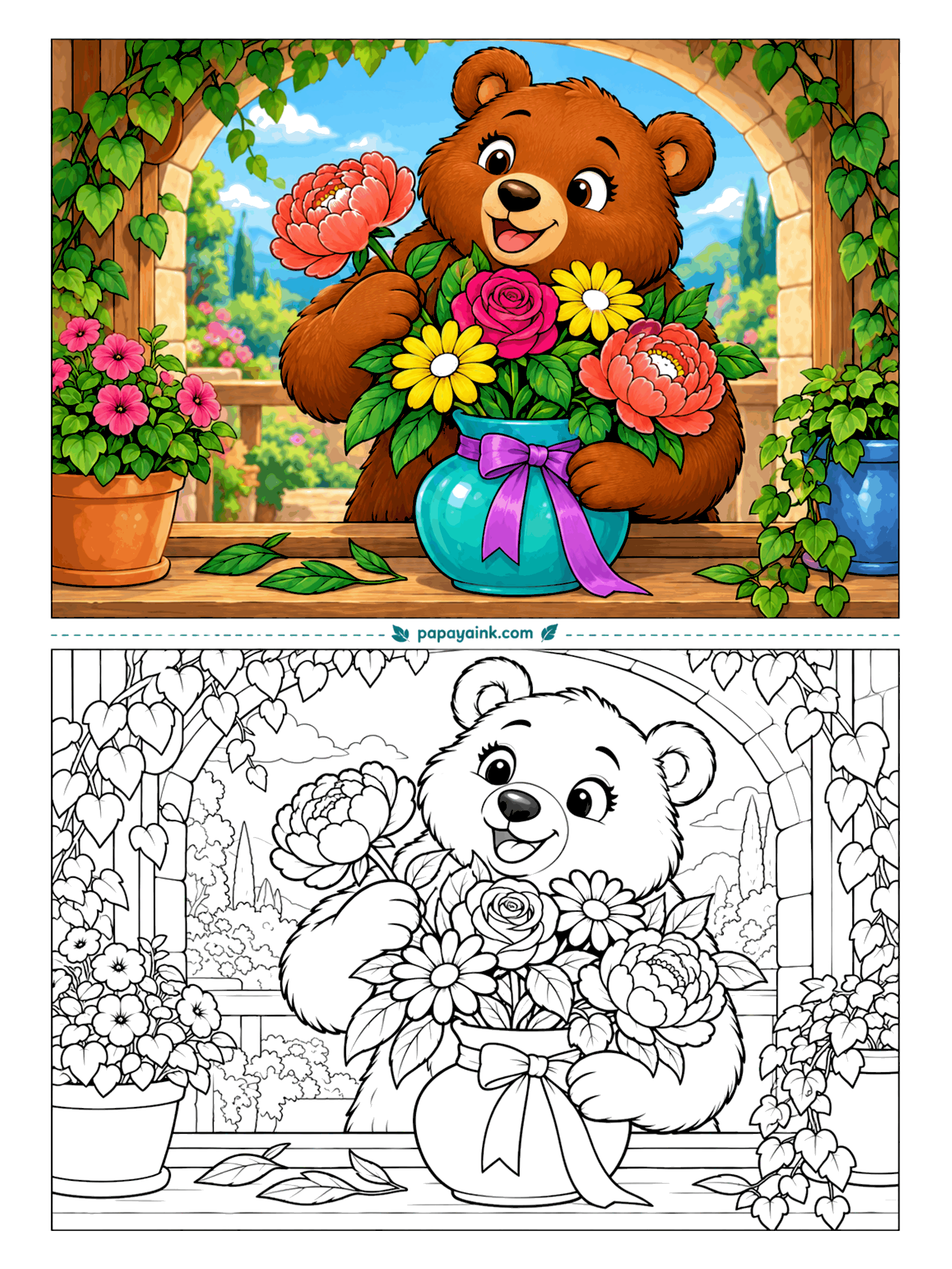Bear Coloring Pages - Peonies, daisies and one rose - and the last peony still has to find its place. The bear arranges the bouquet in a ribboned vase on a windowsill under an ivy-covered arch. Detailed - petals in layers, leaves everywhere.