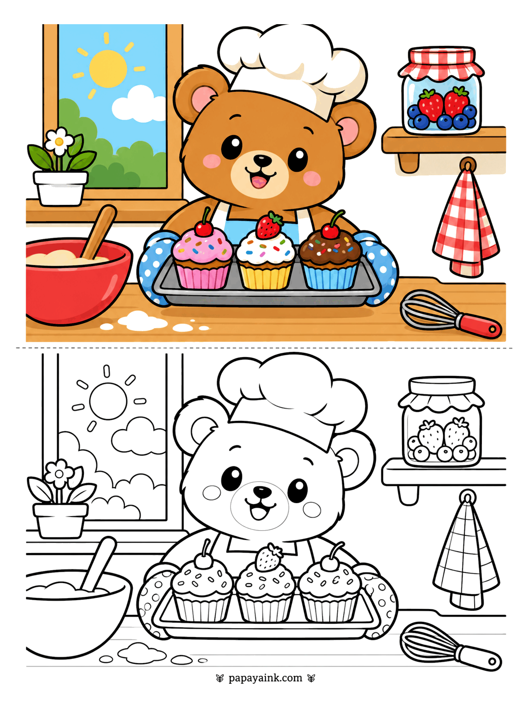 Copy Coloring Pages - Copy coloring page of a bear in a chef hat holding a tray of cupcakes in a sunny kitchen (Detailed)