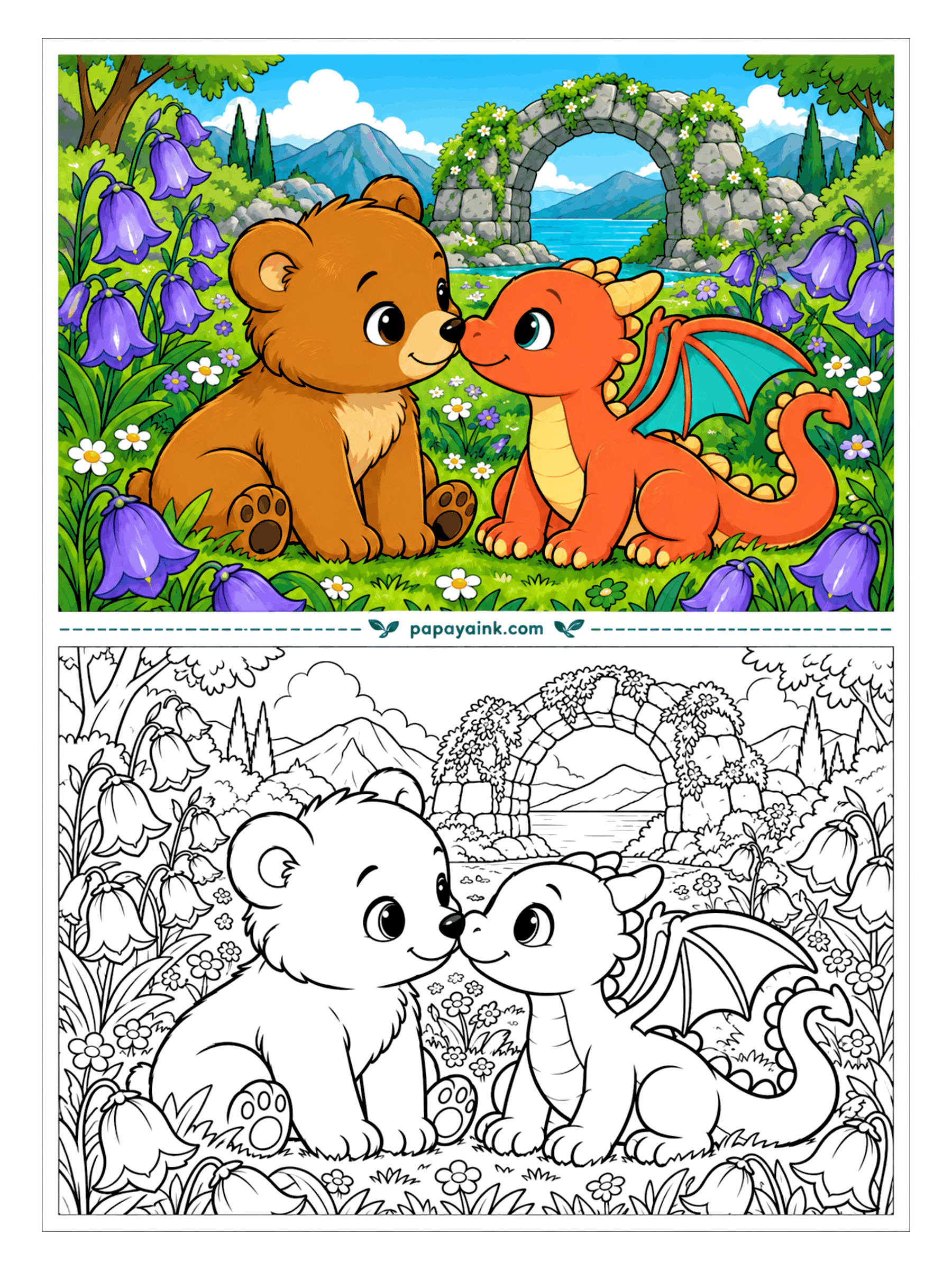Bear Coloring Pages - First meetings can go like this: a bear cub and a baby dragon, nose to nose, among bluebells taller than both of them. A stone arch covered in flowers opens onto a lake behind. Detailed - a fantasy page with blossoms in every corner.