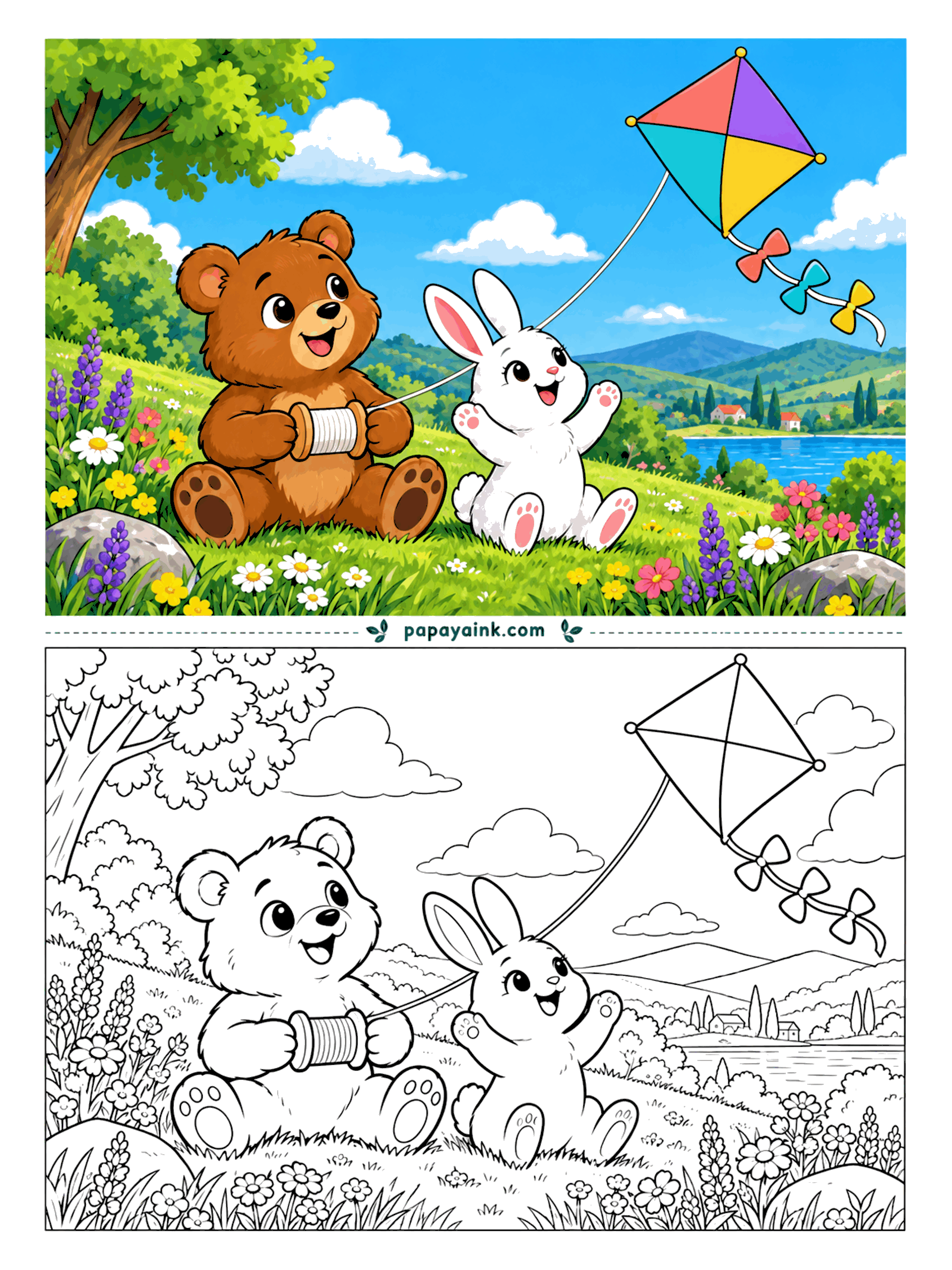 Bear Coloring Pages - The bear holds the spool and the rabbit handles the cheering - a fair division of labor. Their kite, three bows on its tail, climbs over a flowered hillside with a lake and a village below. The sky is yours: flat blue or streaks.