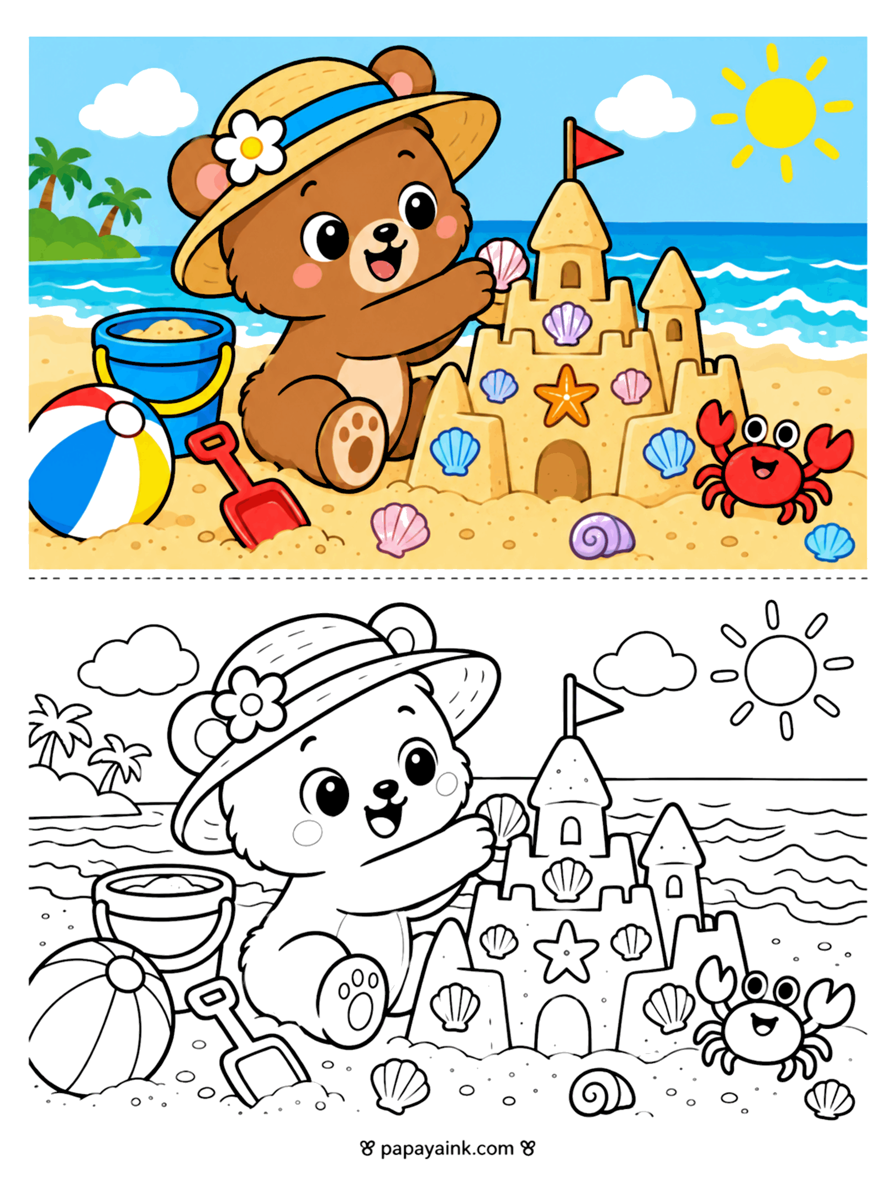 Bear Coloring Pages - Bear cub in a sun hat builds a shell-studded sandcastle on the beach with a bucket, a beach ball and a friendly crab.