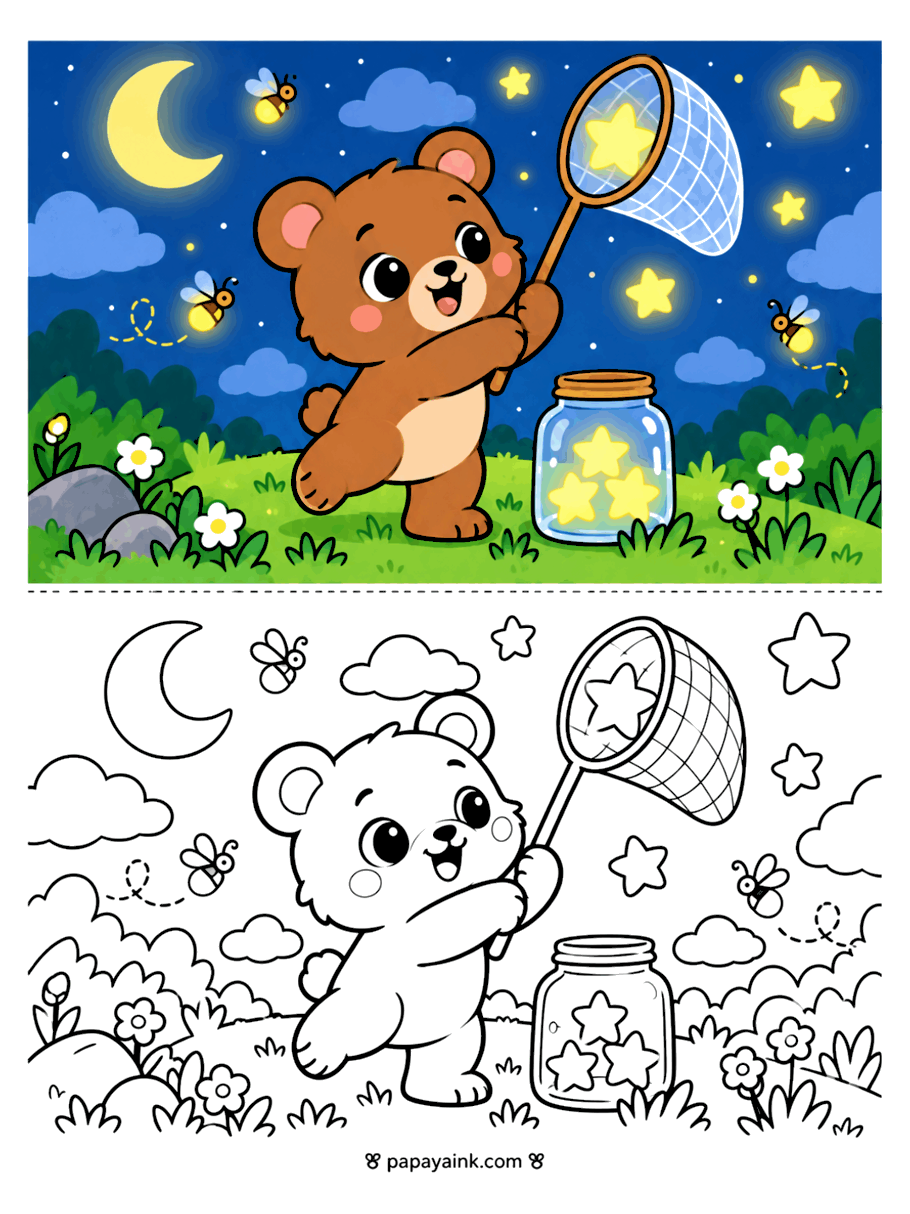Bear Coloring Pages - A bear cub catches glowing stars in a net under a crescent moon, with a jar of stars and fireflies drifting by.