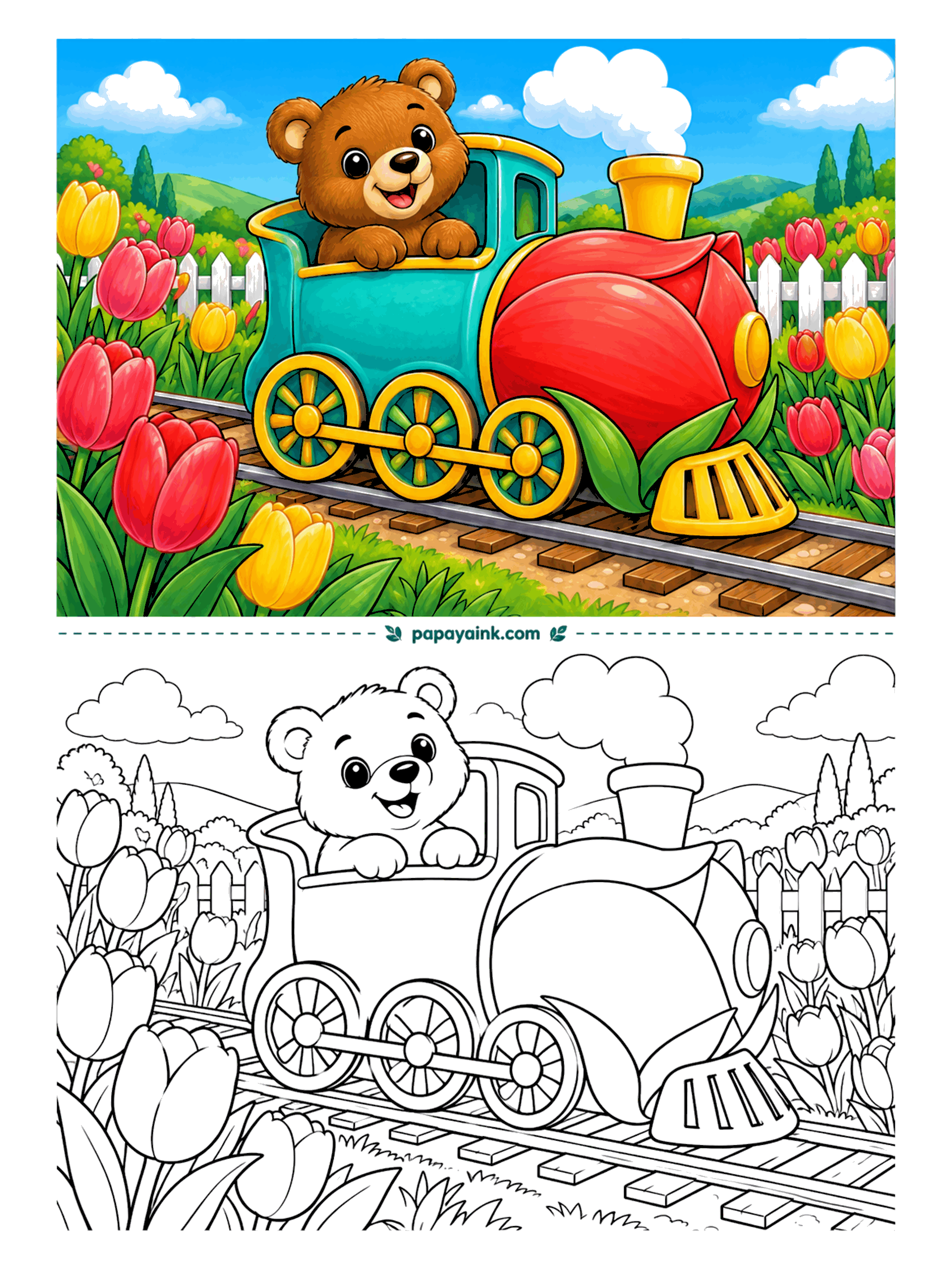 Bear Coloring Pages - All aboard a locomotive that seems to be part tulip. The cub leans out of the cab as the little engine puffs along a track between flower beds. Rounded shapes and wheels with spokes - an easy bear coloring page.