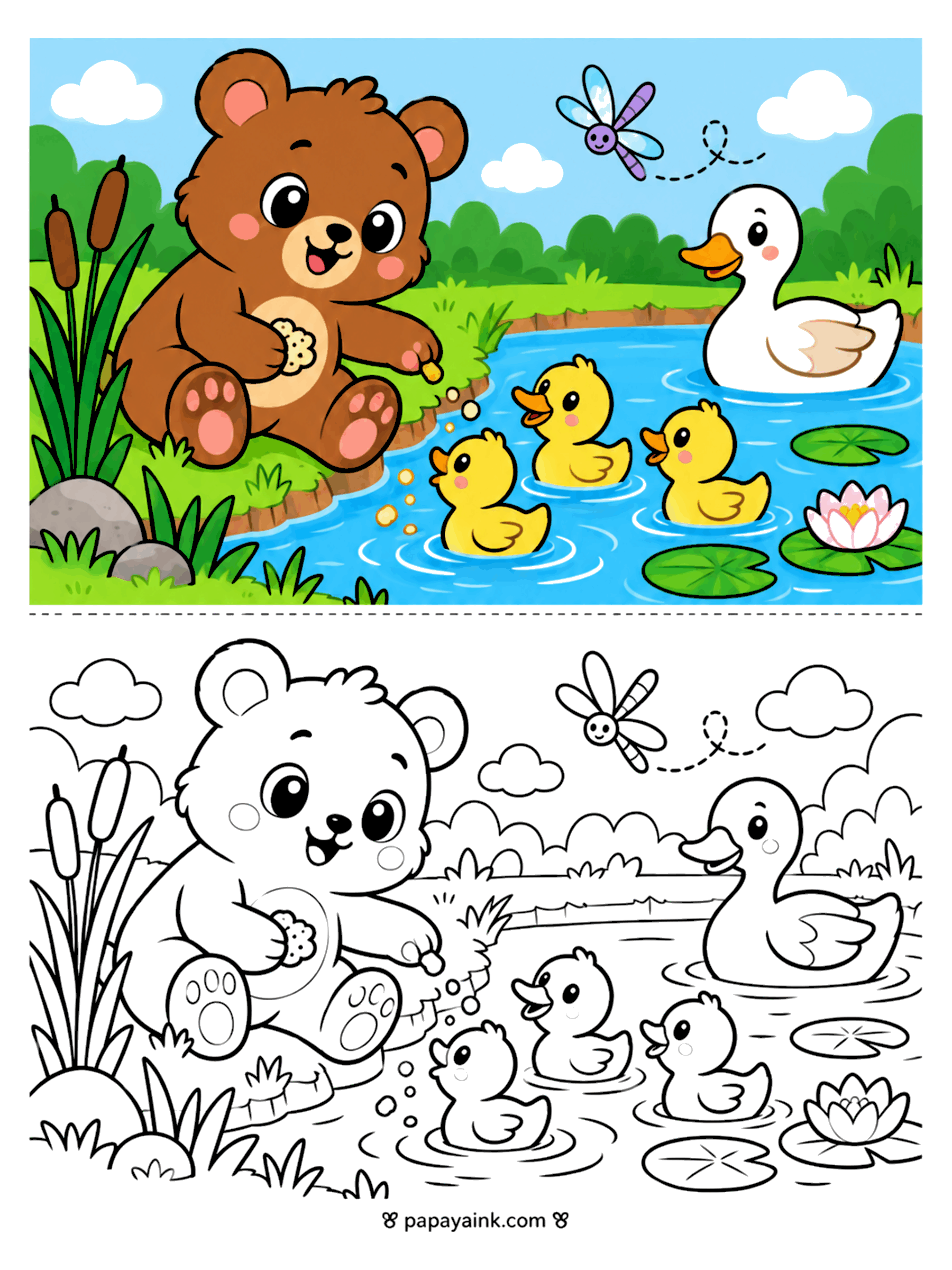 Bear Coloring Pages - Bear cub feeds three ducklings at a lily pond while mother duck swims over and a dragonfly circles above.