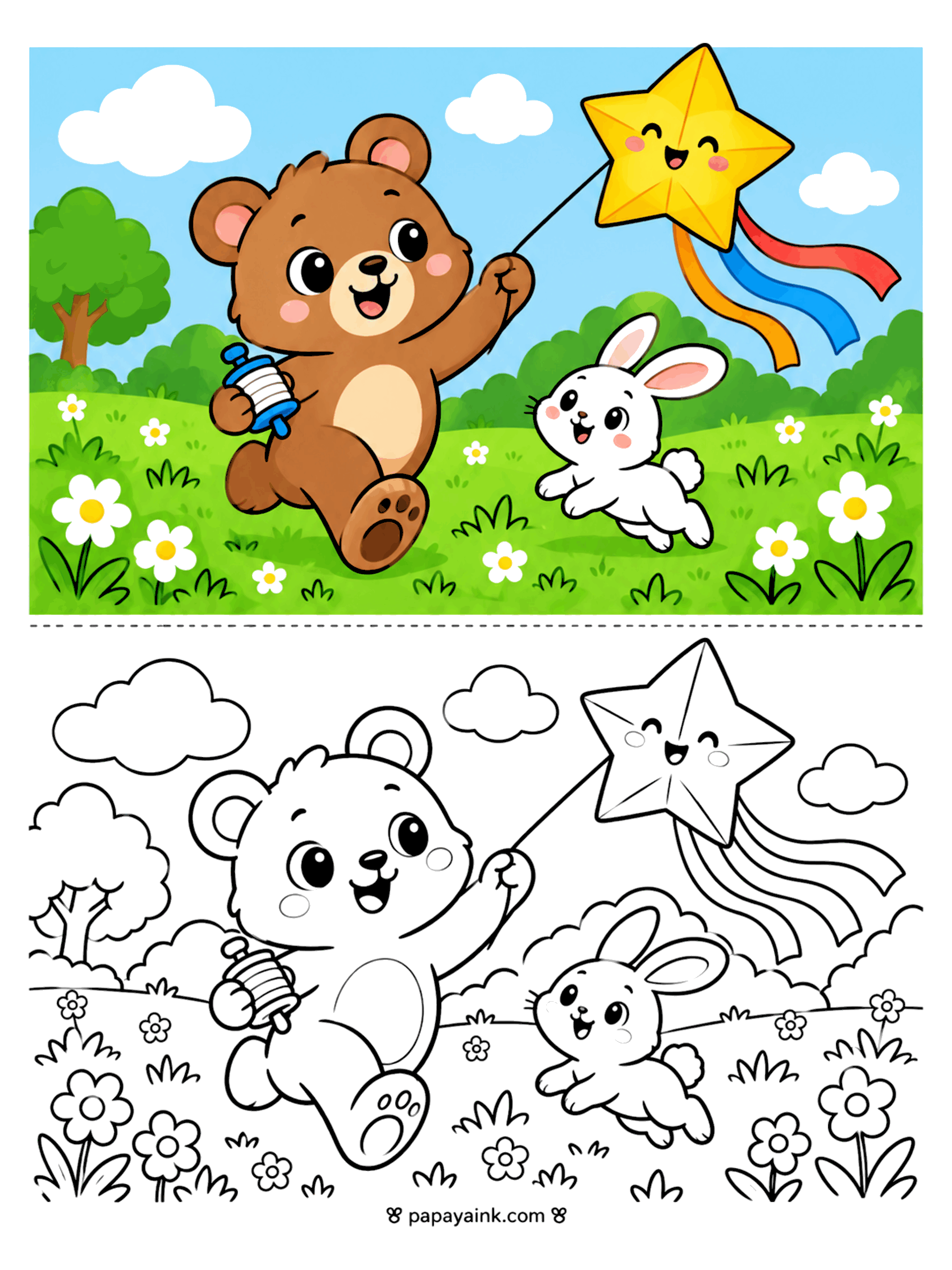 Bear Coloring Pages - Bear cub runs through a flowery meadow flying a smiling star kite with rainbow tails, a bunny hopping behind.