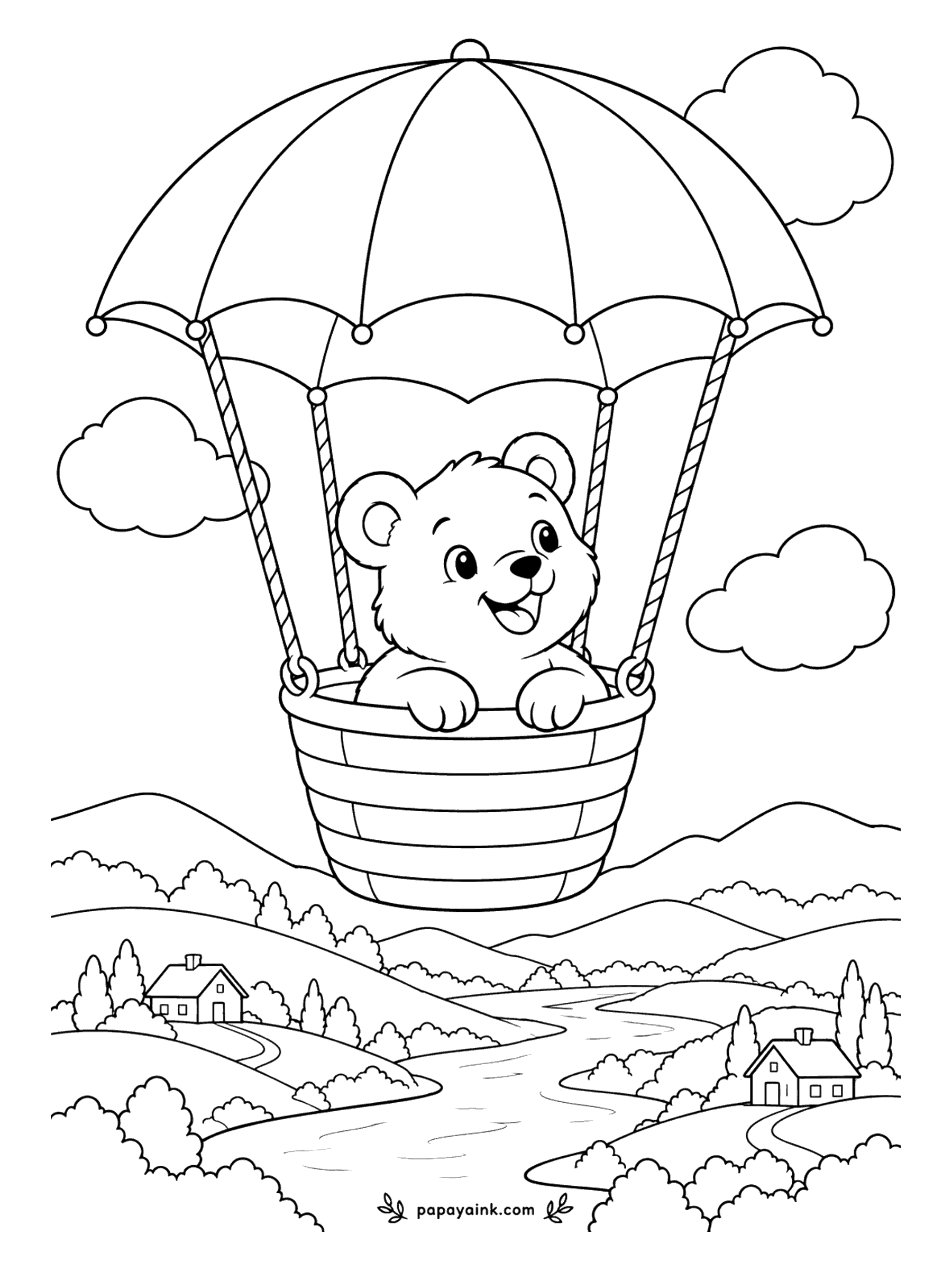 Bear Coloring Pages - An umbrella, four ropes and a striped basket: that is all there is to the aircraft, and the cub looks delighted with it. Hills, a river and two small farmhouses drift by underneath. One of the easiest pages here, good for young colorists.