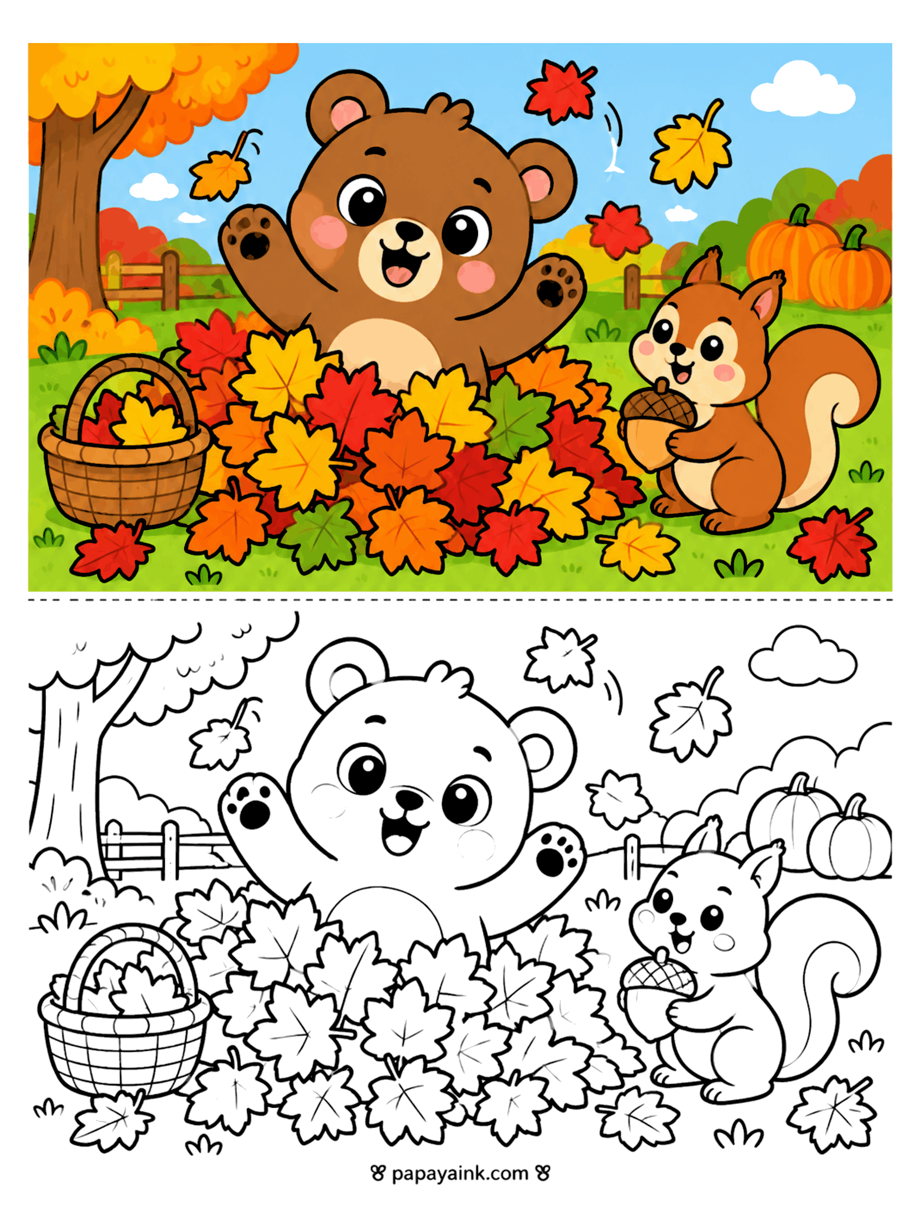 Bear Coloring Pages - Bear cub leaps into a pile of fall leaves next to a squirrel holding an acorn, pumpkins and a basket nearby.