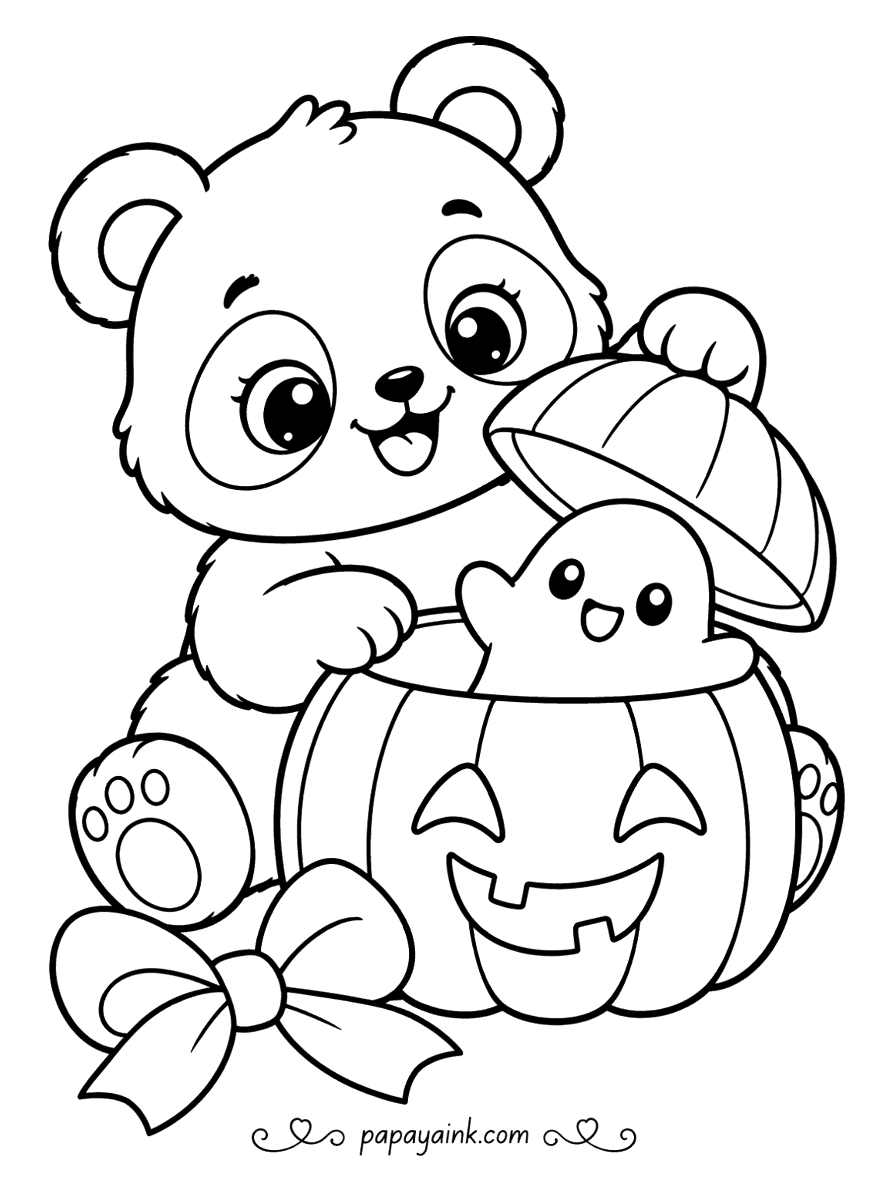 Easy Cute Halloween Coloring Pages - Someone is hiding in the pumpkin. The bear cub lifts the carved lid and finds a tiny ghost grinning up at it; a bow lies on the ground at its feet. Few details, large shapes - one of the simplest sheets in the set.