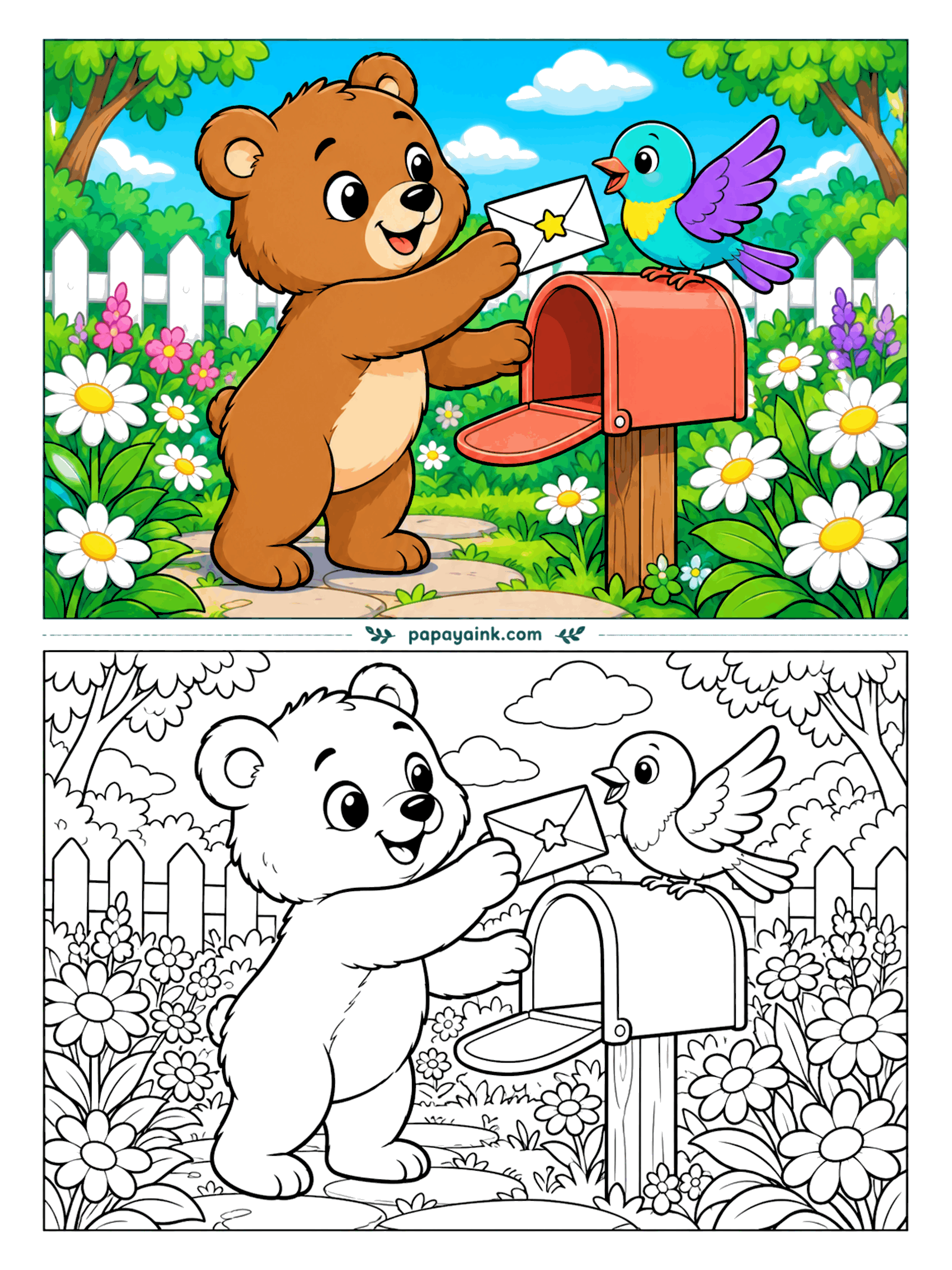 Bear Coloring Pages - A letter with a star on it clearly matters, so the cub takes it to the mailbox in person. The bird on top is either the mail carrier or just nosy. Daisies and a picket fence fill the garden behind.