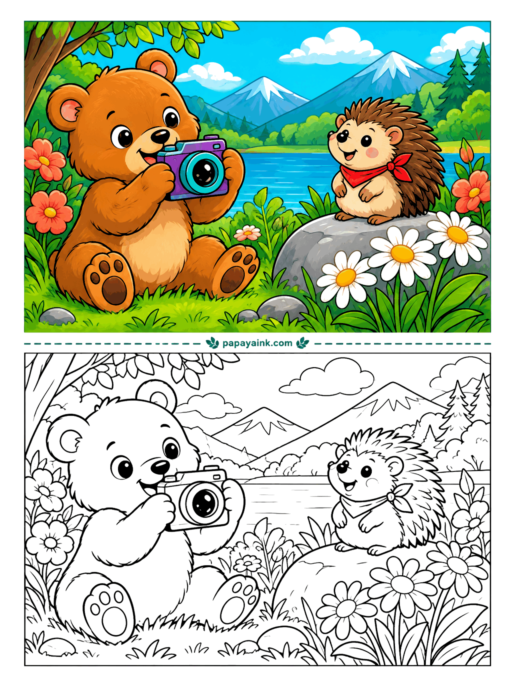 Bear Coloring Pages - Hold still - which a hedgehog in a red bandana does very well. The cub frames the portrait from the grass with a camera almost the size of its head, a lake and snowy peaks behind. Large daisies up front keep it simple.