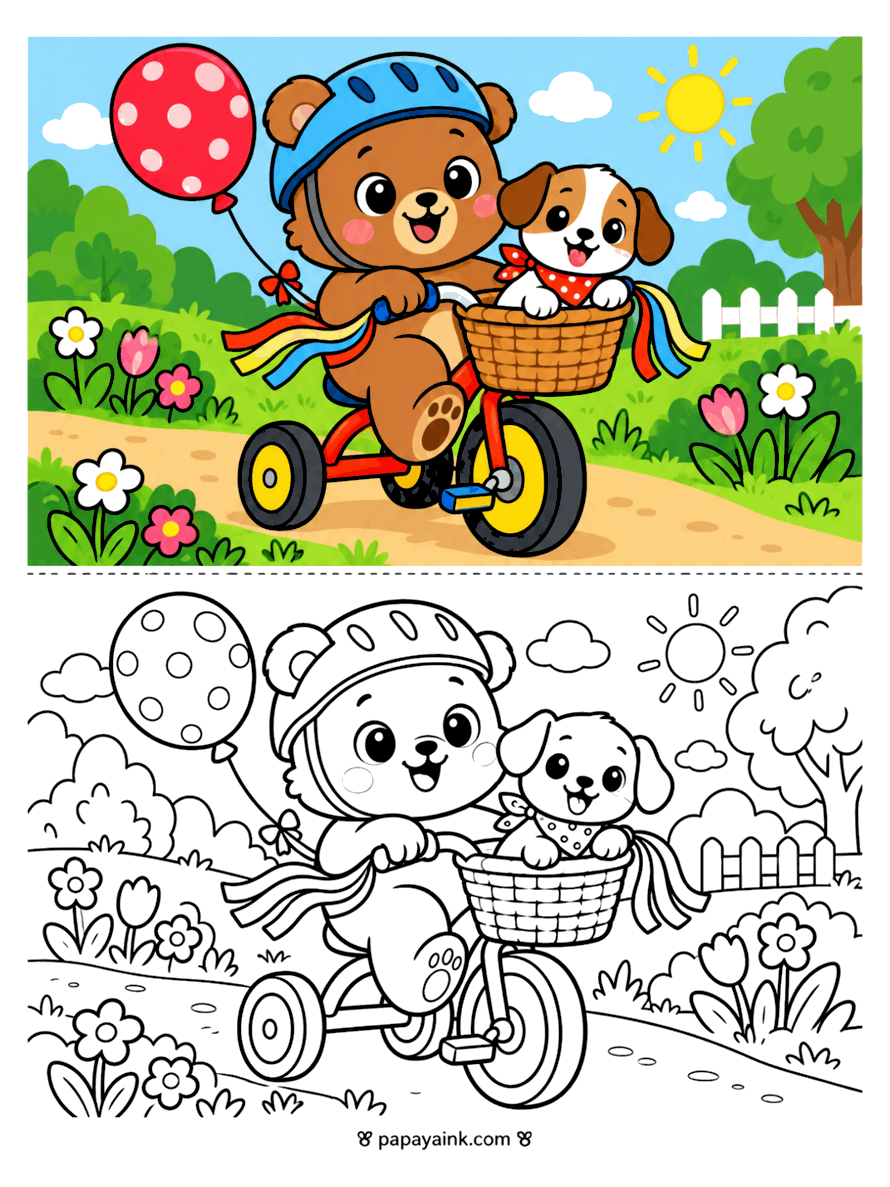 Bear Coloring Pages - Bear cub in a helmet rides a tricycle with a puppy in the front basket, streamers flying and a polka-dot balloon overhead.