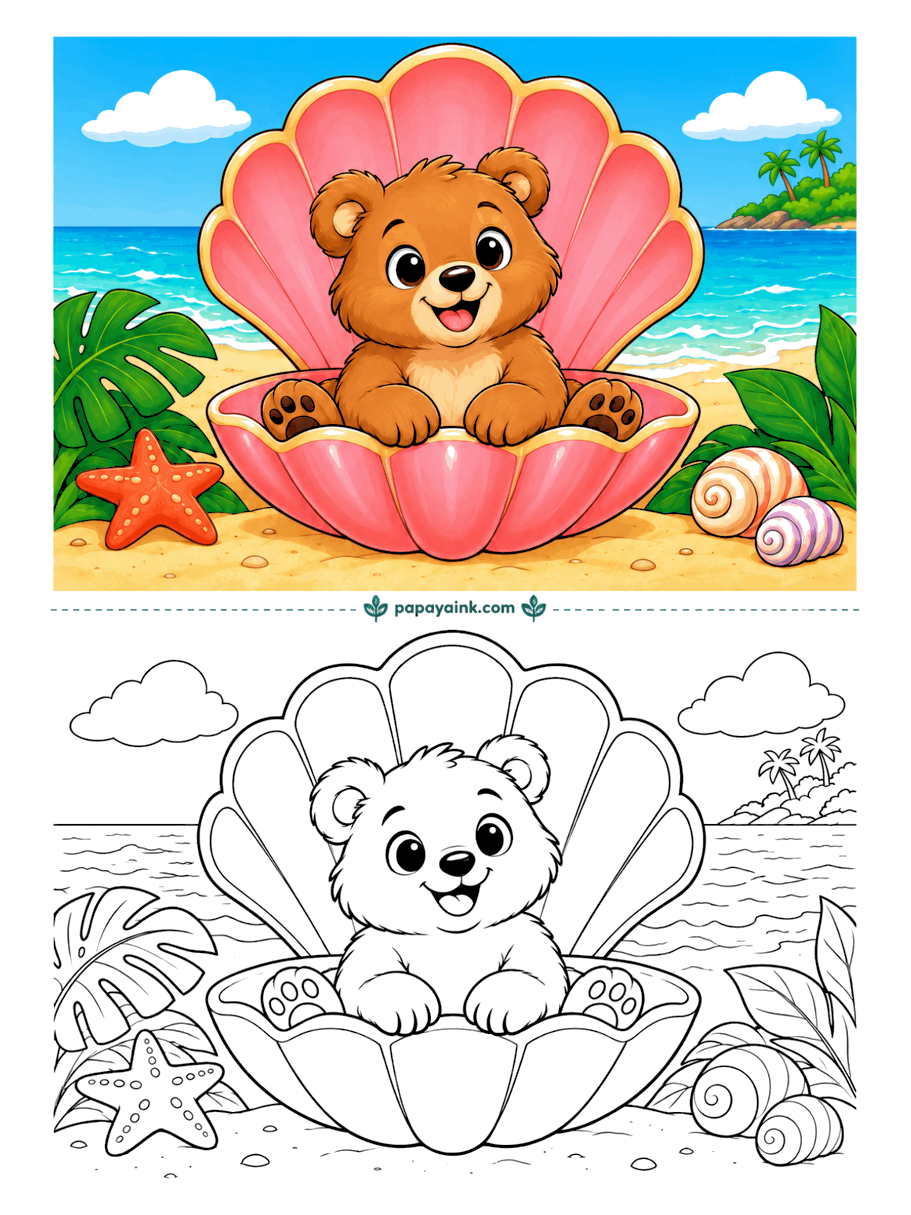 Bear Coloring Pages - Some beach chairs are better than others. This cub has settled into a giant scallop shell on the sand, with a starfish on one side and two spiral shells on the other. Few lines, wide areas - shade the shell from deep pink to pale.