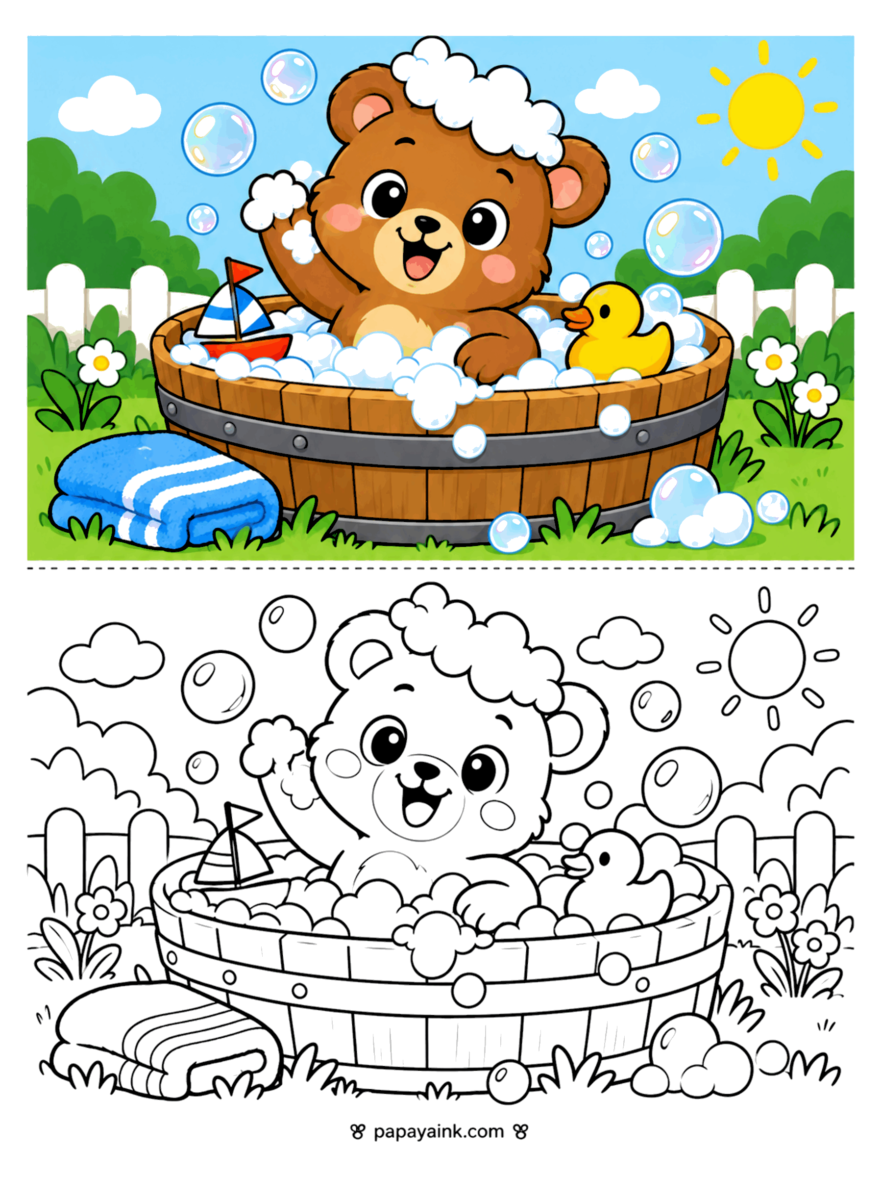 Bear Coloring Pages - Bath-time bear cub in a wooden tub full of bubbles, with a rubber duck and a toy sailboat floating alongside.