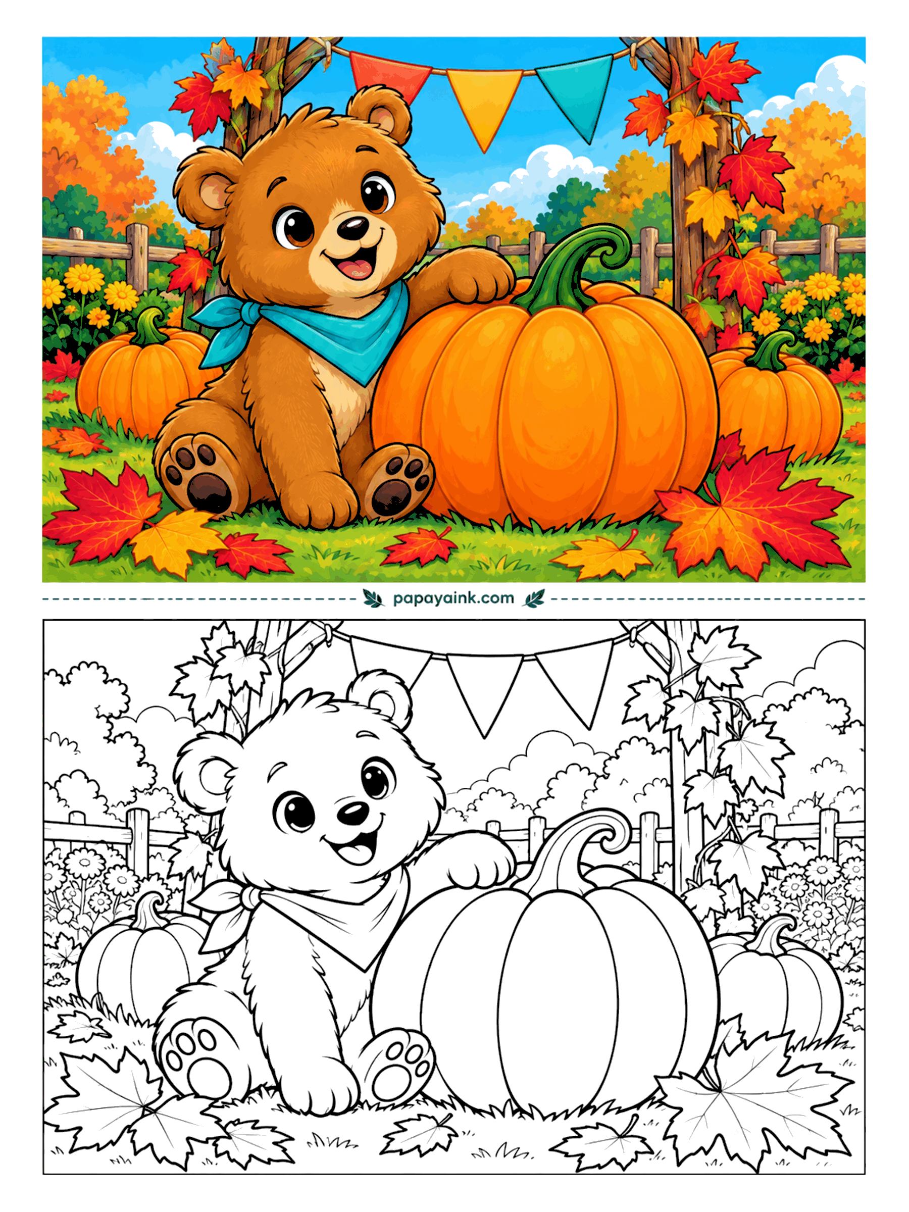 Bear Coloring Pages - This pumpkin is bigger than the cub leaning on it, and the cub seems to take full credit. Maple leaves, bunting and a blue bandana set the season. Fall bear coloring page with a warm palette: orange, rust and gold.