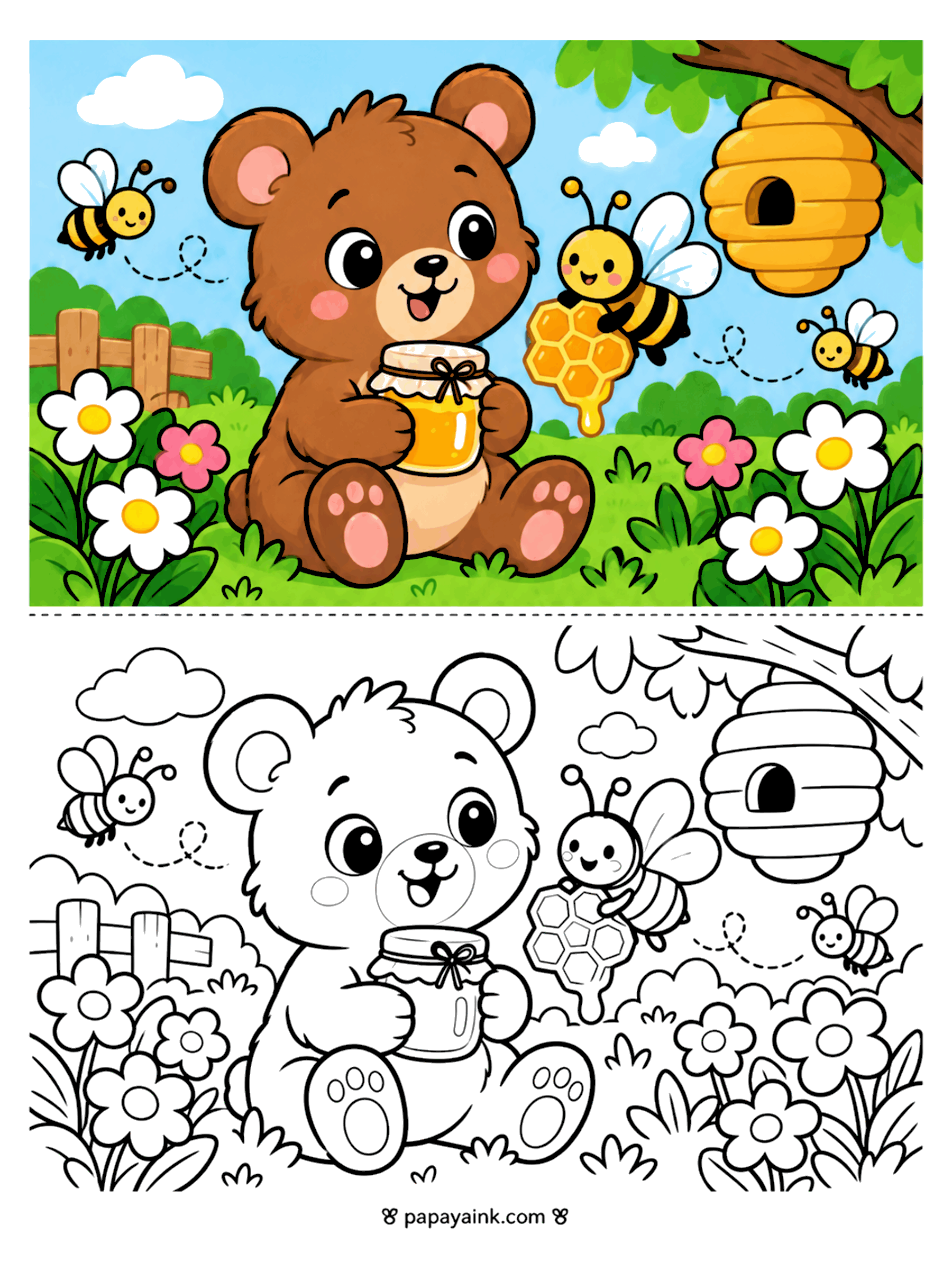 Bear Coloring Pages - Bear cub with a honey jar surrounded by smiling bees, a dripping honeycomb and a beehive in the tree.