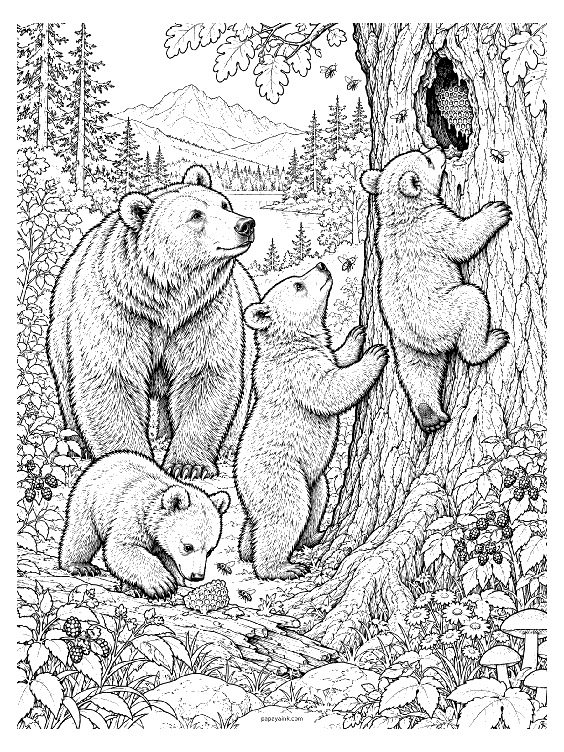 Bear Coloring Pages - Bear cubs climb a big tree toward a wild honeycomb buzzing with bees while mama bear looks on among raspberry bushes and mushrooms. Detailed.