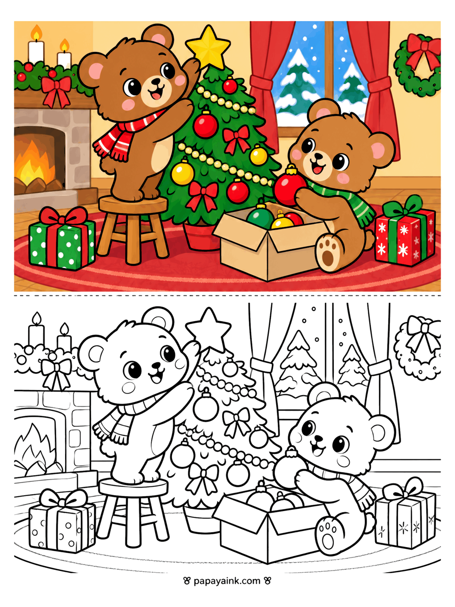 Bear Coloring Pages - Two bear cubs in scarves decorate a Christmas tree by the fireplace, with wrapped gifts and a wreath on the wall. Detailed.
