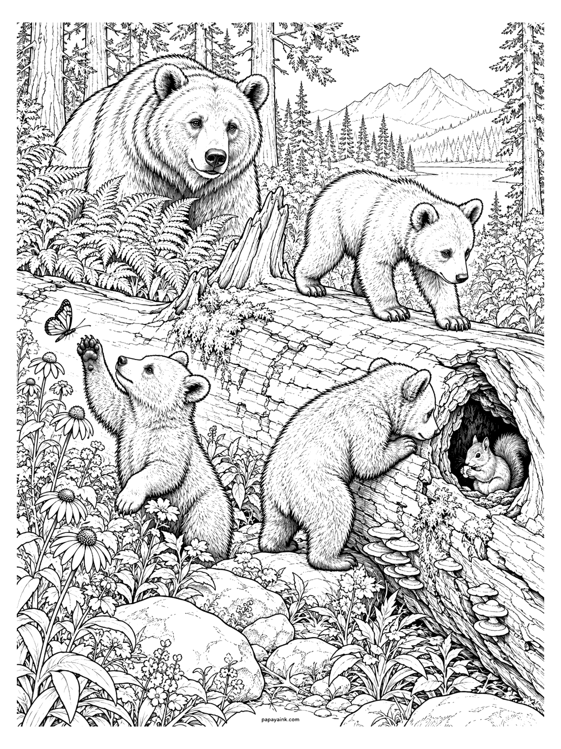 Bear Coloring Pages - Bear cubs explore a mossy fallen log: one reaches for a butterfly, one peeks at a squirrel hiding in the hollow, and mama bear watches from the ferns. Detailed.