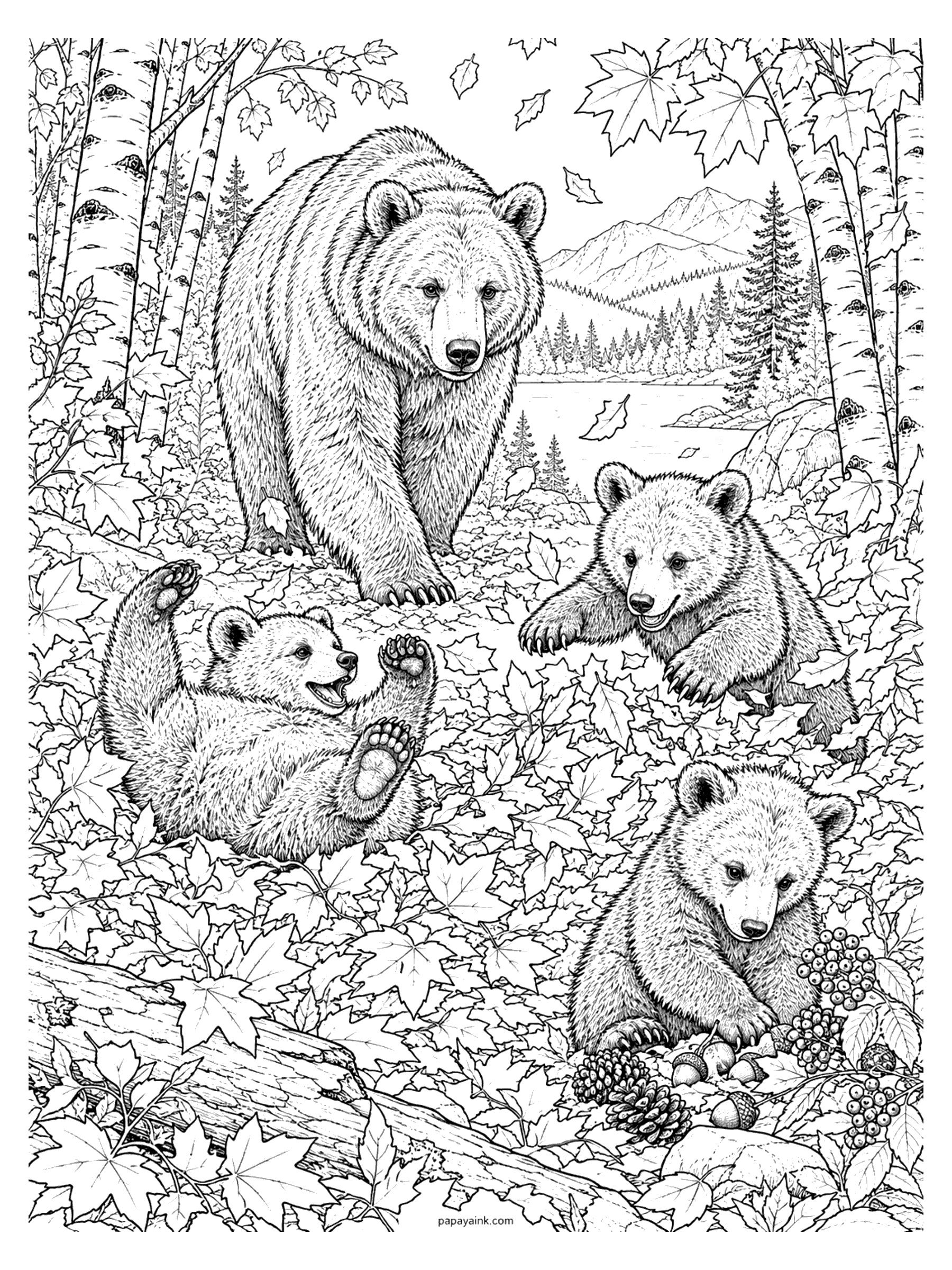 Bear Coloring Pages - Fall bear coloring page: cubs roll and pounce in a deep carpet of maple leaves among birch trees, with pine cones, acorns and berries to find. Detailed.