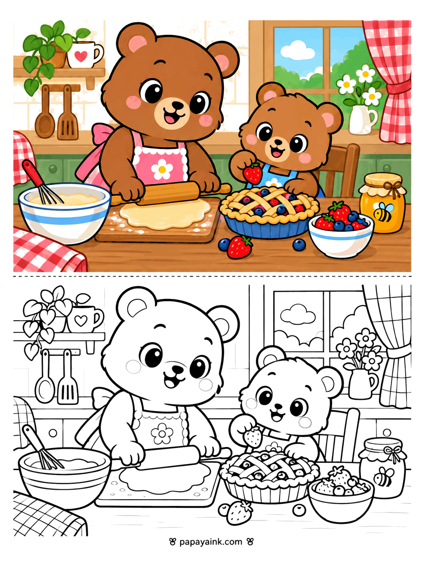 Bear Coloring Pages - Mama bear and cub roll out dough for a berry pie in a cozy gingham kitchen with a honey jar and a bowl of strawberries. Detailed.