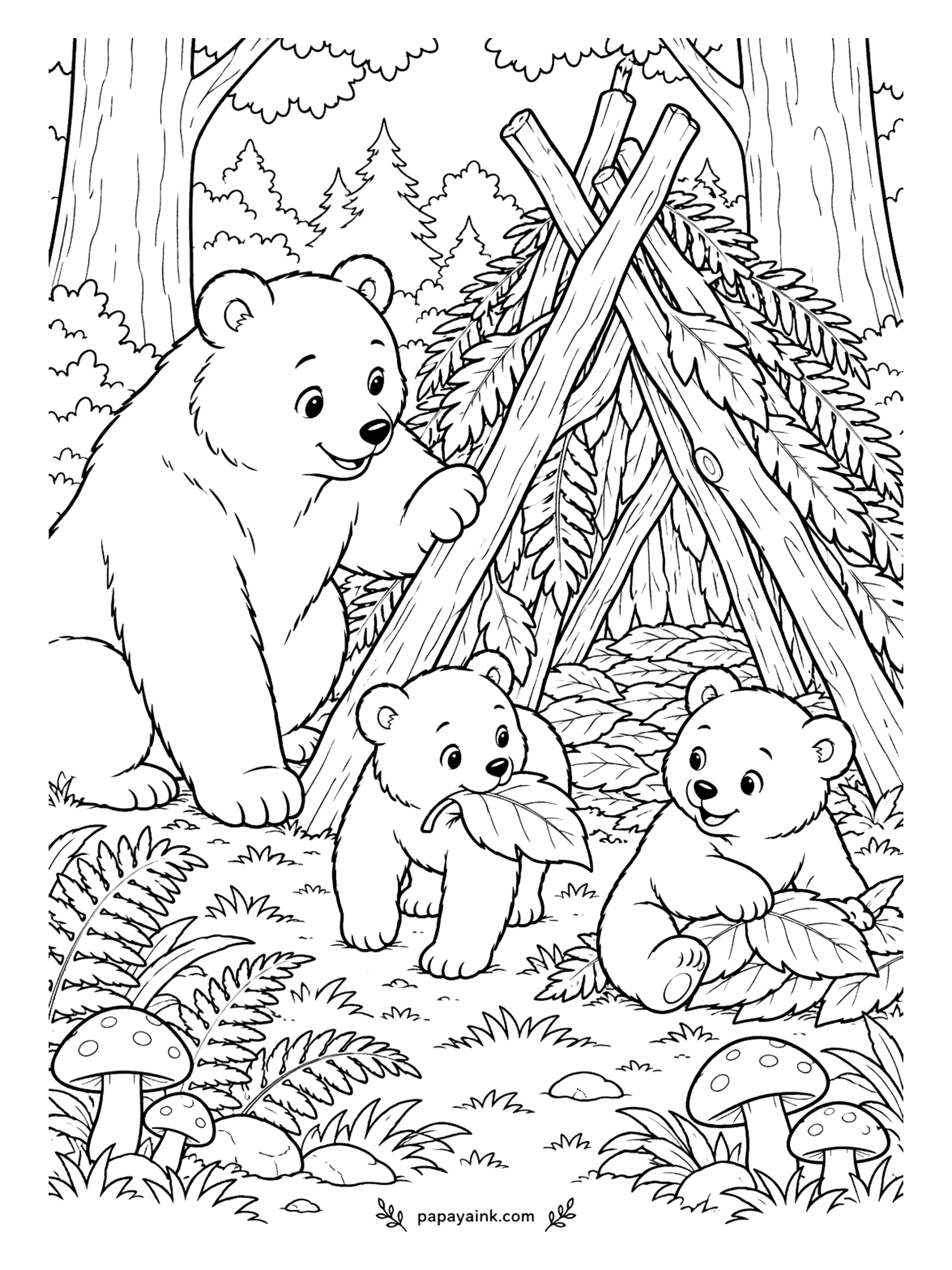 Bear Coloring Pages - House rule in this family: everybody carries. Mama bear sets the last branch against the frame of the den while one cub delivers a single leaf and the other sorts the bedding. Detailed - ferns, bark and layered fir boughs for sharp pencils.