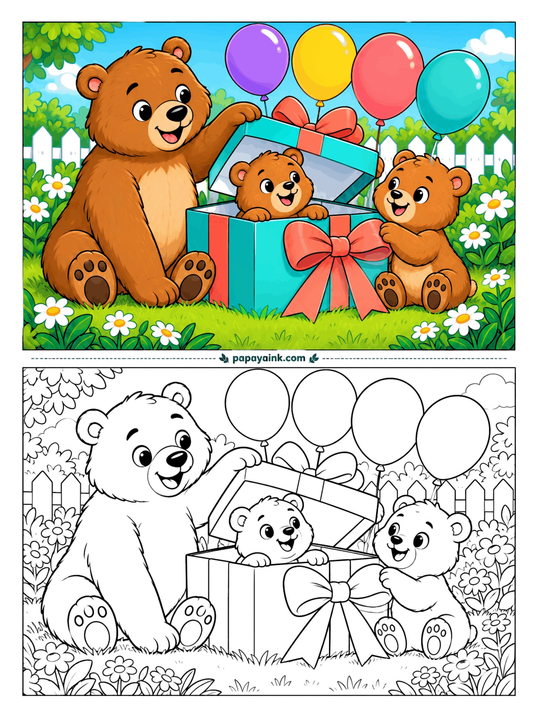 Bear Coloring Pages - Surprise - the present was a cub all along. One little bear pops out of the box as the lid comes off, another tugs at the ribbon, and four balloons float over the garden fence. Detailed, with a bow the size of a cub.