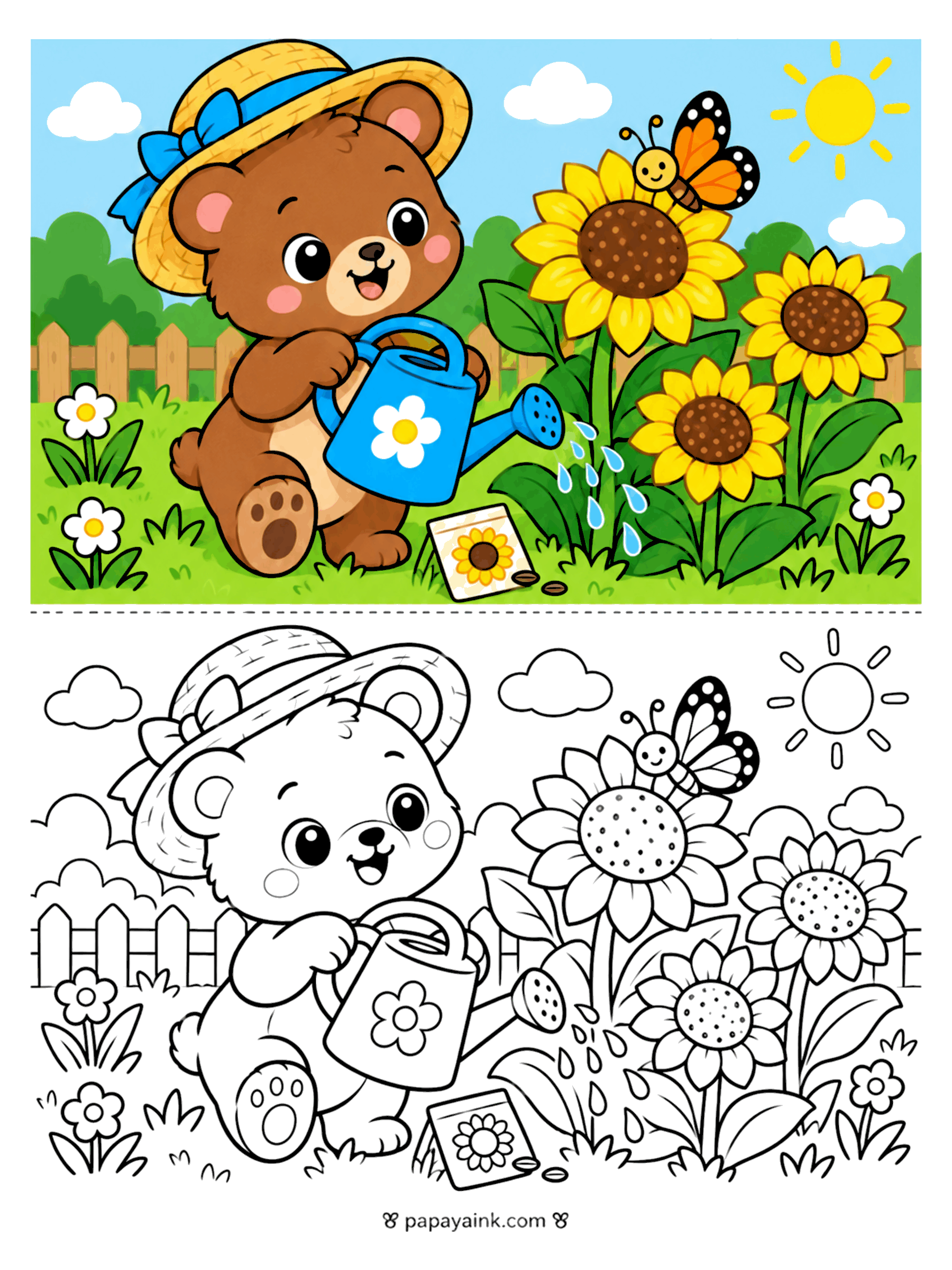 Bear Coloring Pages - A bear in a straw hat waters tall sunflowers with a flower-patterned can while a butterfly rests on a bloom.
