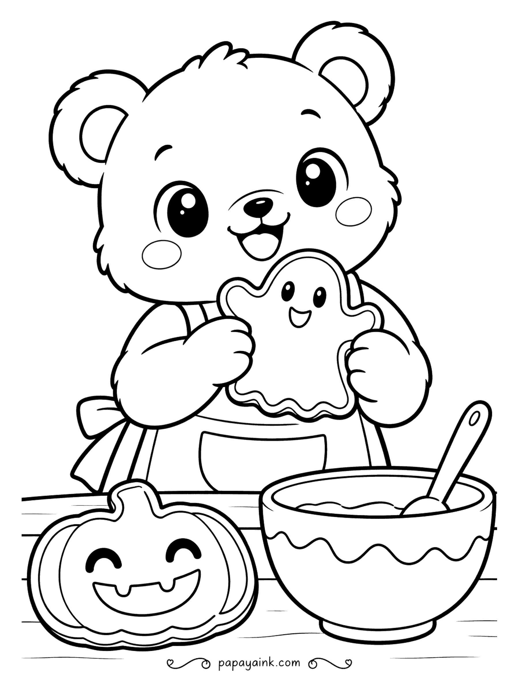 Easy Cute Halloween Coloring Pages - Baking day: a bear in an apron bites into a fresh ghost cookie next to a mixing bowl, a spoon and a pumpkin cookie waiting on the table. Flat surfaces everywhere - a good sheet for even, calm coloring.