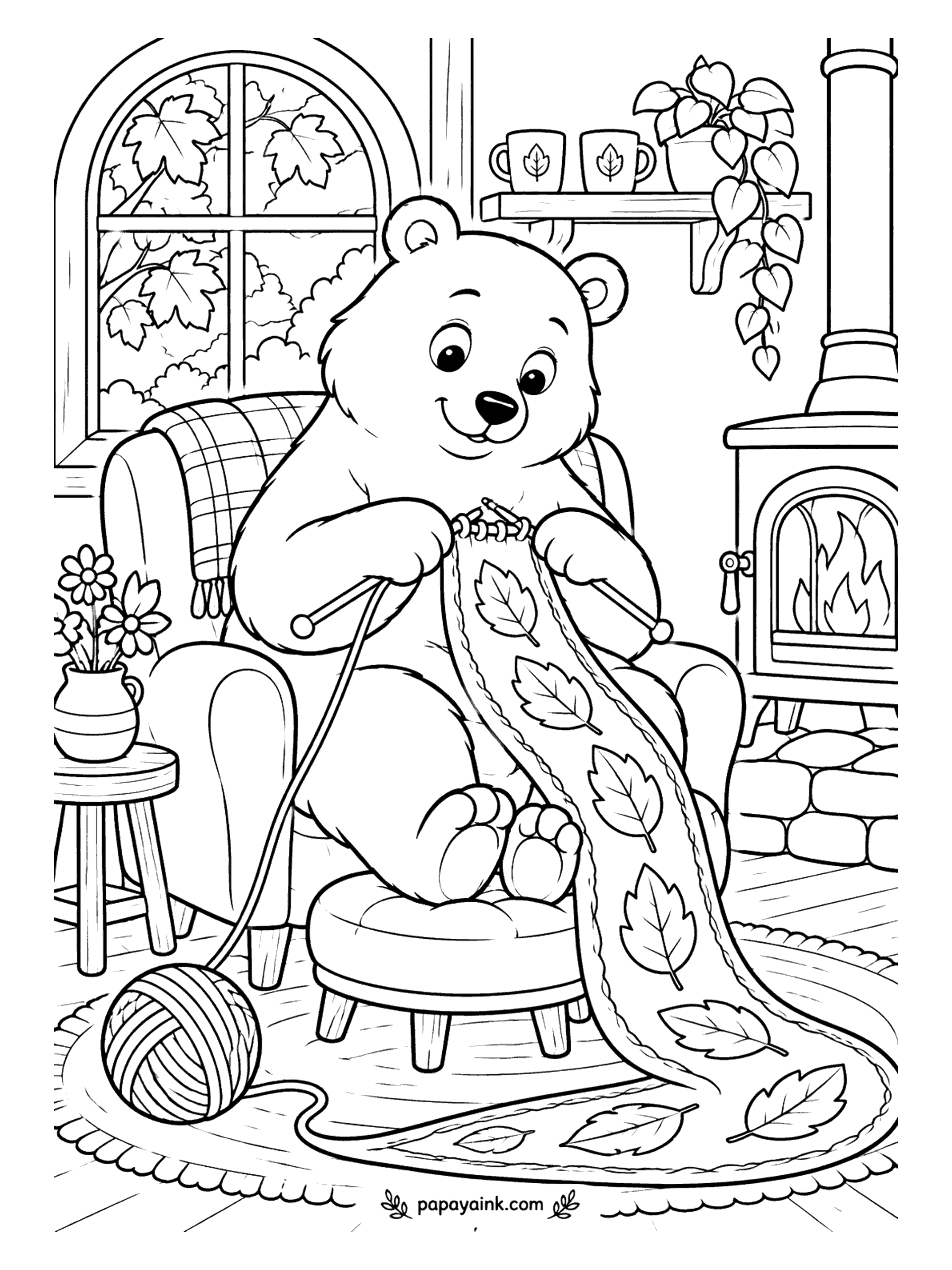 Bear Coloring Pages - This scarf got out of hand several feet ago. The bear knits on in an armchair by the wood stove while the leaf-patterned end crosses the rug and keeps going. Detailed - give every knitted leaf its own autumn color.